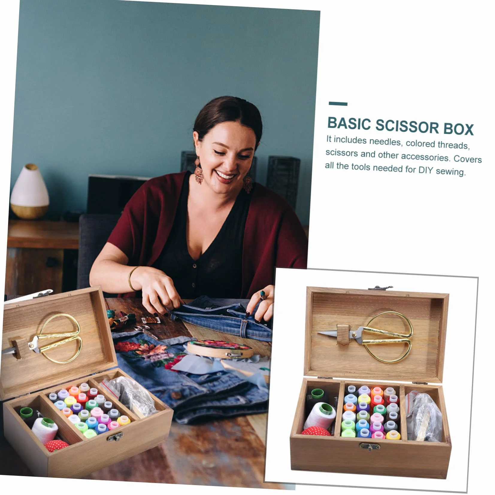OSALADI Caja de Costura de Madera Retro para Coser, Kit de Costura Portátil Agujas E Hilo, Color Natural, para Manualidades y Uso Doméstico, Adecuado para Principiantes y Profesionales