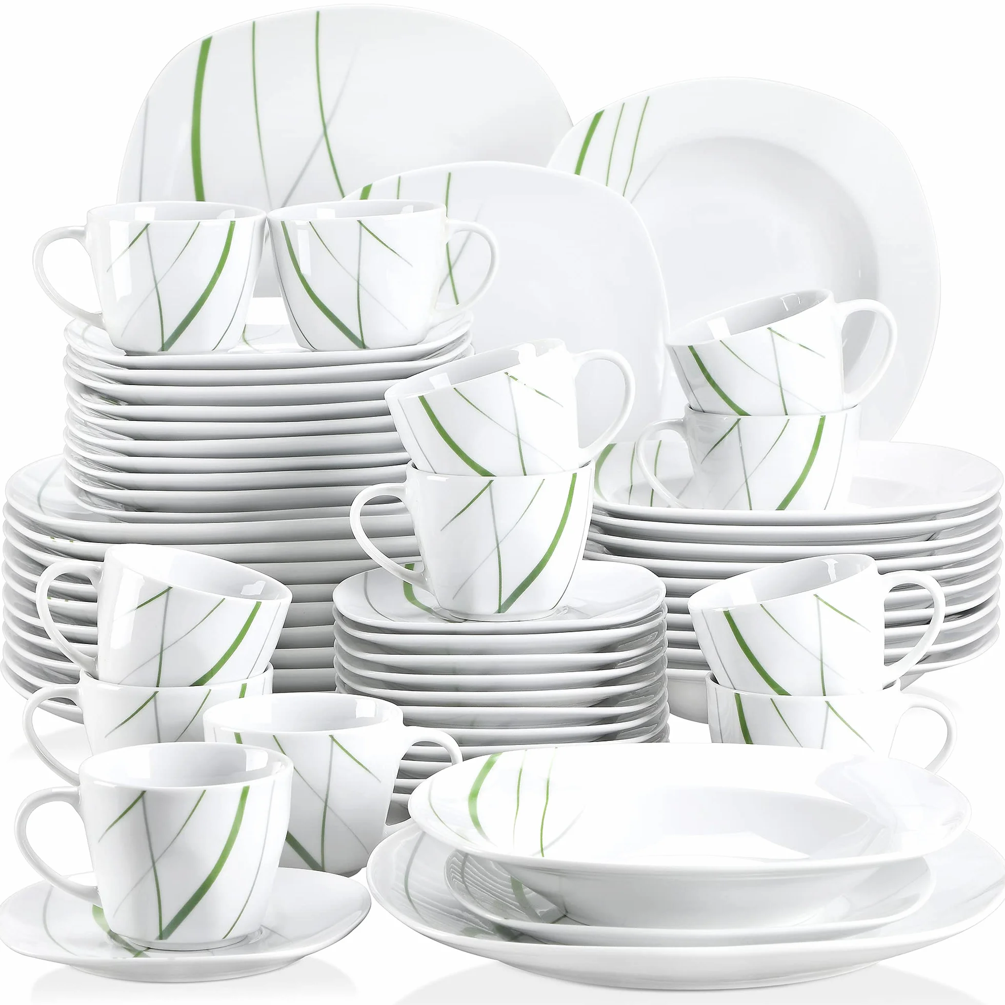 VEWEET AVIVA Juegos de Vajillas 60 Piezas de Porcelana con 12 Taza 200 ml, 12 Platillos, 12 Platos, 12 Platos de Postre y 12 Platos Hondos para 12 Personas