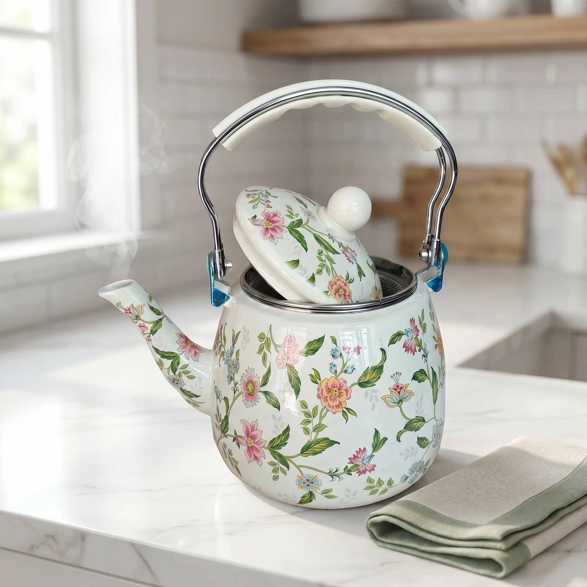 ibasenice Tetera Esmaltada de 3.3l con Filtro de Acero Inoxidable Extraíble y Pared Interior Gruesa Distribución de Calor Mejorada, Adecuado para Preparar Té en Mesa Pequeña