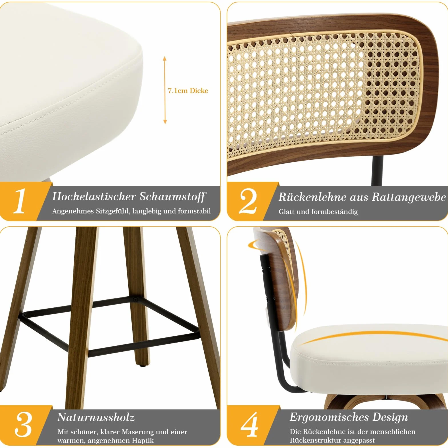 Bekrvio Juego de 2 taburetes giratorios de bar, altura de asiento 65 cm, con respaldo, tapizados en cuero PU y patas de madera de nogal, taburete de mostrador de estilo mid-century con reposapiés de