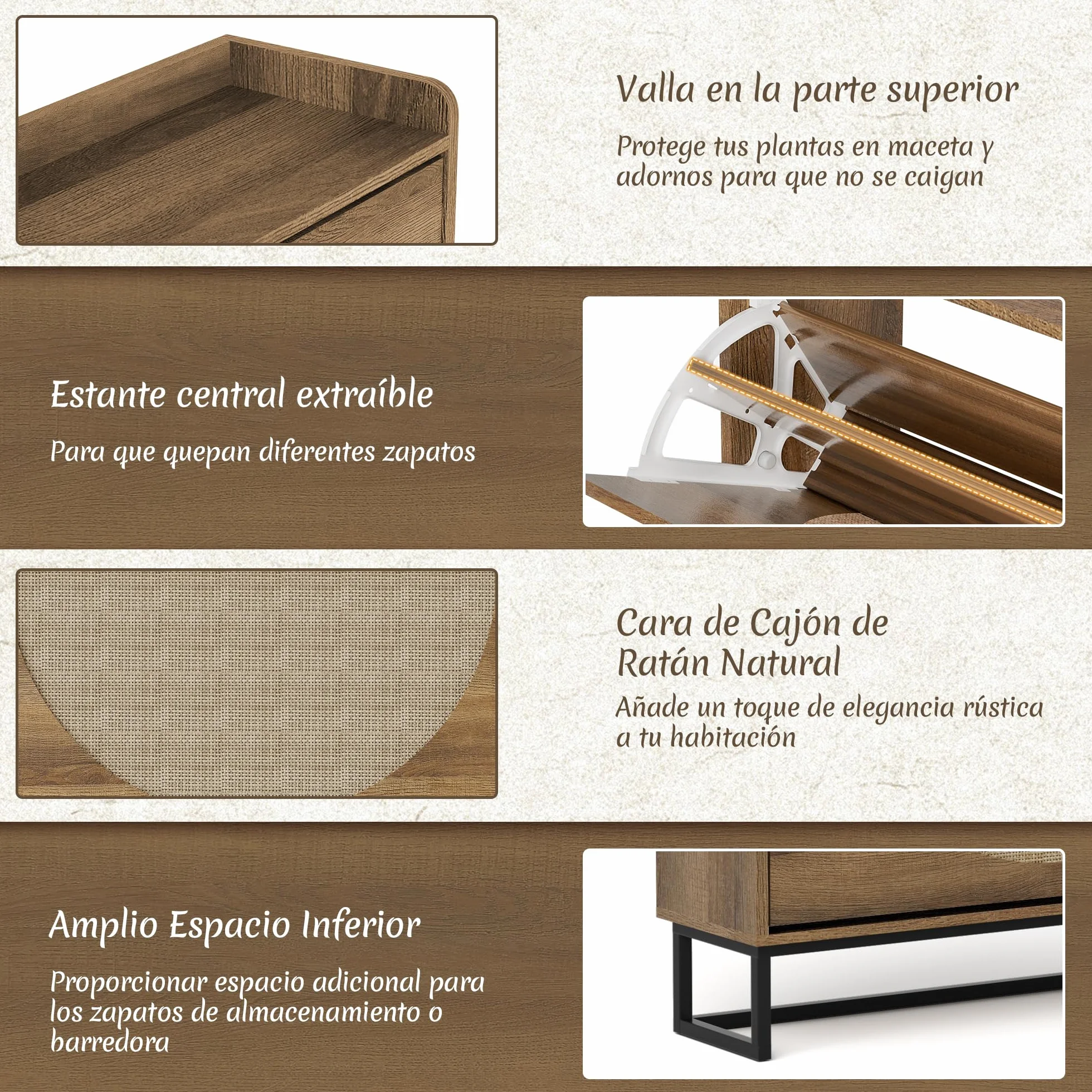 BonVache Zapatero Estrecho con 4 Solapas, Ajustable, de Madera con Almacenamiento para Zapatos, Ideal para Entrada, Salón, Pasillo, 120 x 24 x 95,5 cm, Ratán