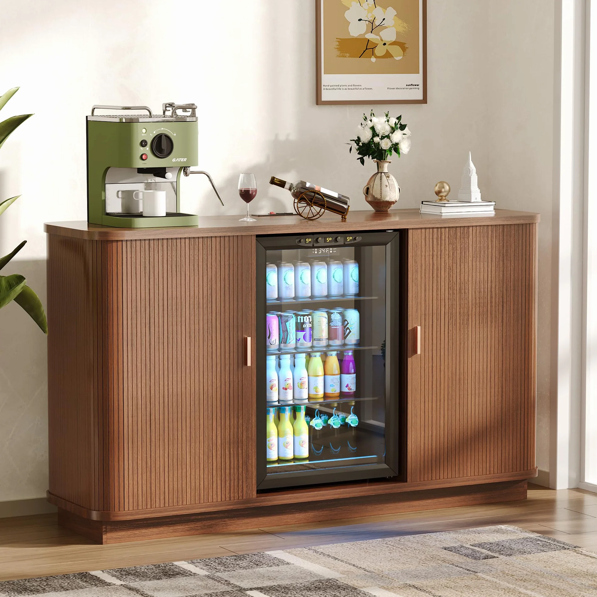Aparador buffet estriado de 130 cm de largo, mueble bar de café con espacio para refrigerador,mueble bar de vinos retro con puertas enrollables,estantes ajustables y botellero para cocina y comedor