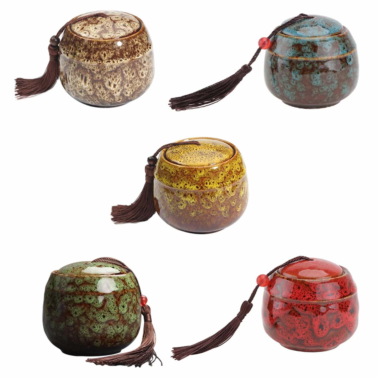 Tarro de Cerámica para Té 5 Piezas Tapa y Cierre Hermético | Latas Redondas para Hojas, Uso Doméstico y Sobremesa, Formato Mini, Multiuso para Guardar Otros Artículos Color Aleatorio