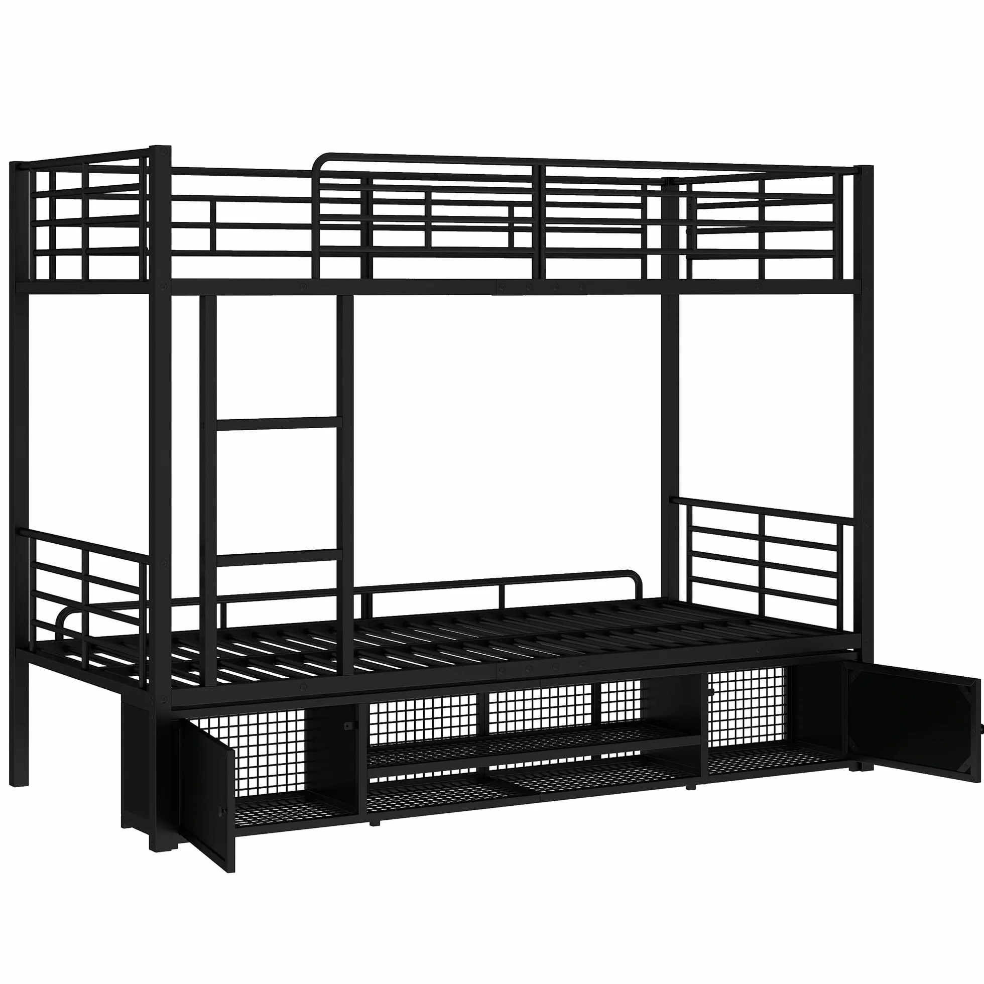 Cama litera de hierro, adecuada para niños y adolescentes, con escalera lateral y rejilla de protección, color negro, 90 x 200 cm