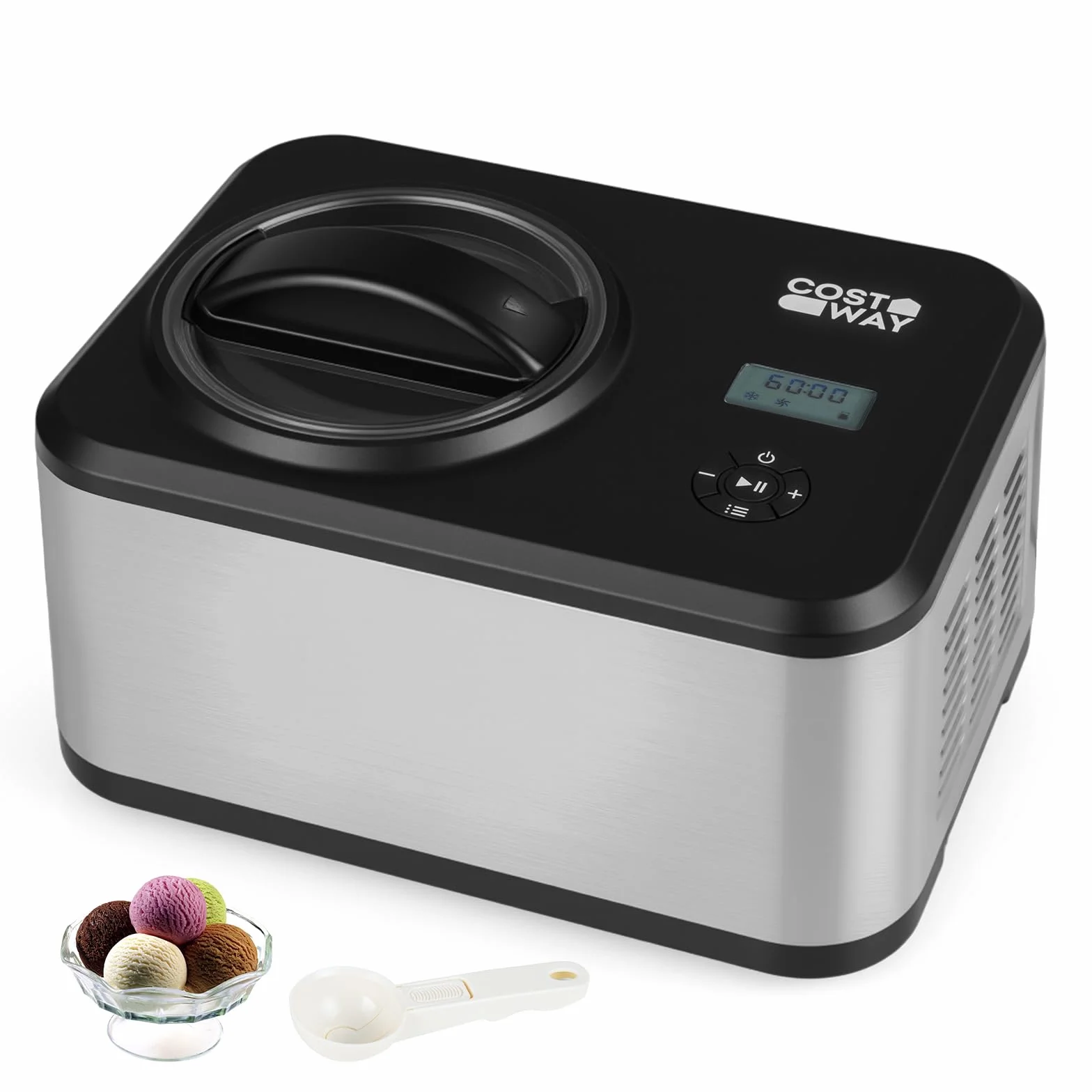 COSTWAY Máquina de Helados 1,5 L, Heladera de Acero Inoxidable Casera con Compresor Integrado, 4 Modos, Pantalla LCD, Función Temporizador, Máquina para Hacer Helado Gelato Sorbete Yogur para Hogar