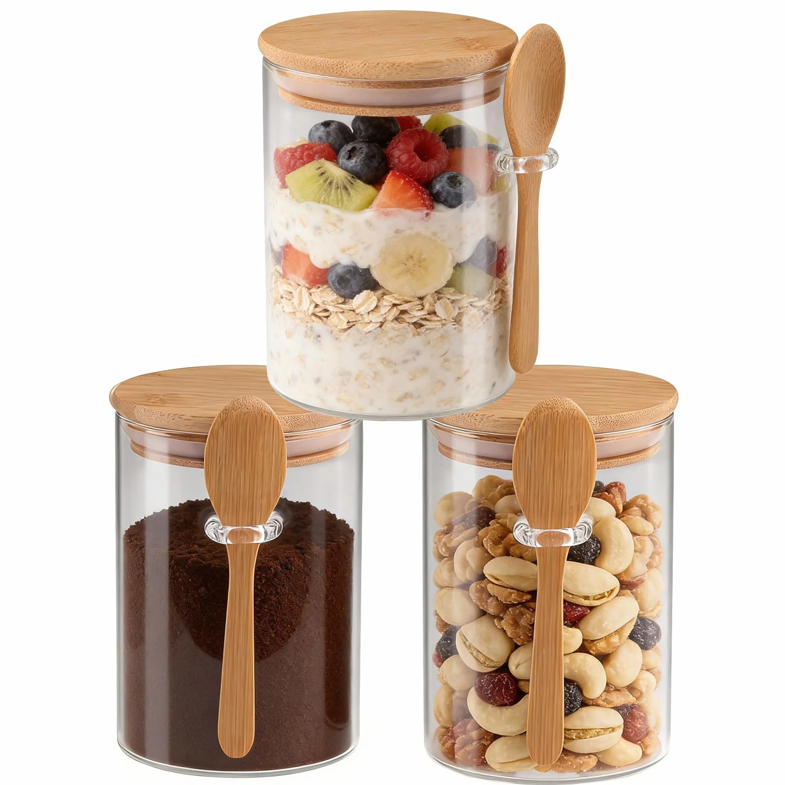 3 tarros de vidrio transparente de 20 onzas con tapas y cucharas herméticas de bambú, recipientes de almacenamiento de alimentos para productos secos, sales de baño, jabones