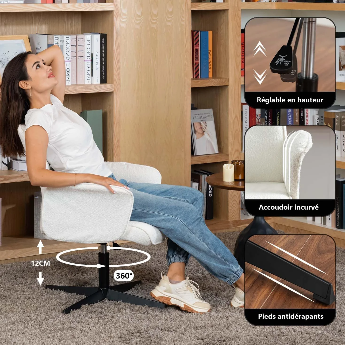 MEUBLE Cosy Sillones de salón Butaca nórdica Sillas de Maquillaje Escritorio de Giratoria Altura Ajustable con Reposabrazos para Dormitorio Oficina en Tela de Felpa Blanco