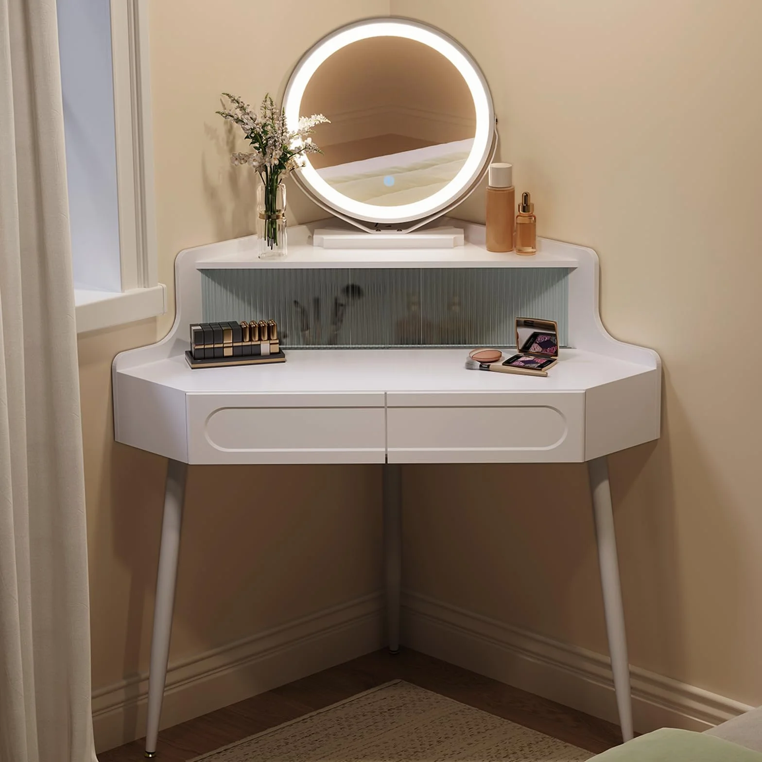WOLTU Tocador con Espejo, Luz Regulable, Tocador Maquillaje con 2 Cajones, 1 Compartimento con Puertas de Cristal, Patas de Metal, Blanco, MB6119ws