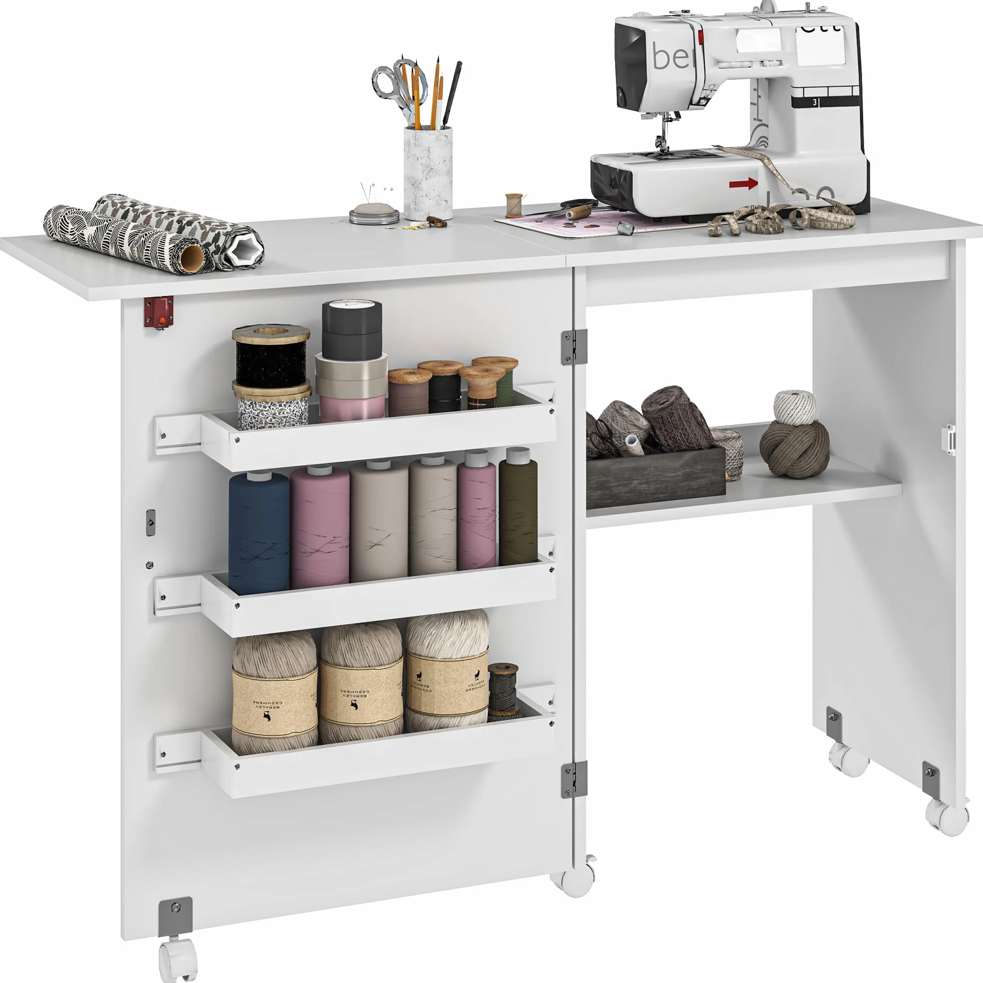HOMCOM Mueble para Máquina de Coser Mesa Plegable de Costura con Compartimentos de Almacenamiento Estante Abierto y 5 Ruedas Mesa para Máquina de Coser para Dormitorio Salón Blanco
