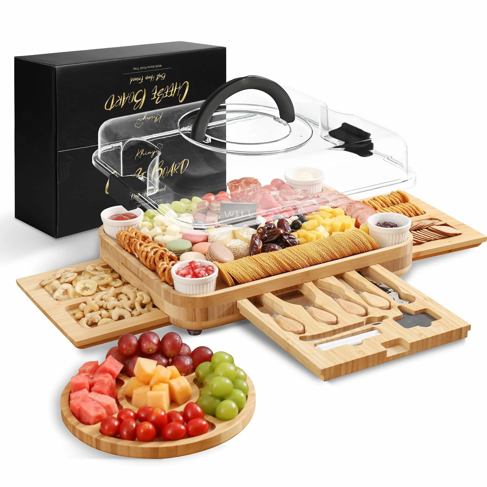 KHINYA Tablas de charcutería, juego de tablas de queso, tabla de charcutería con tapa, regalos para mujeres, plato de queso para inauguración de la casa, práctico diseño de tapa con asa (3 cajones,