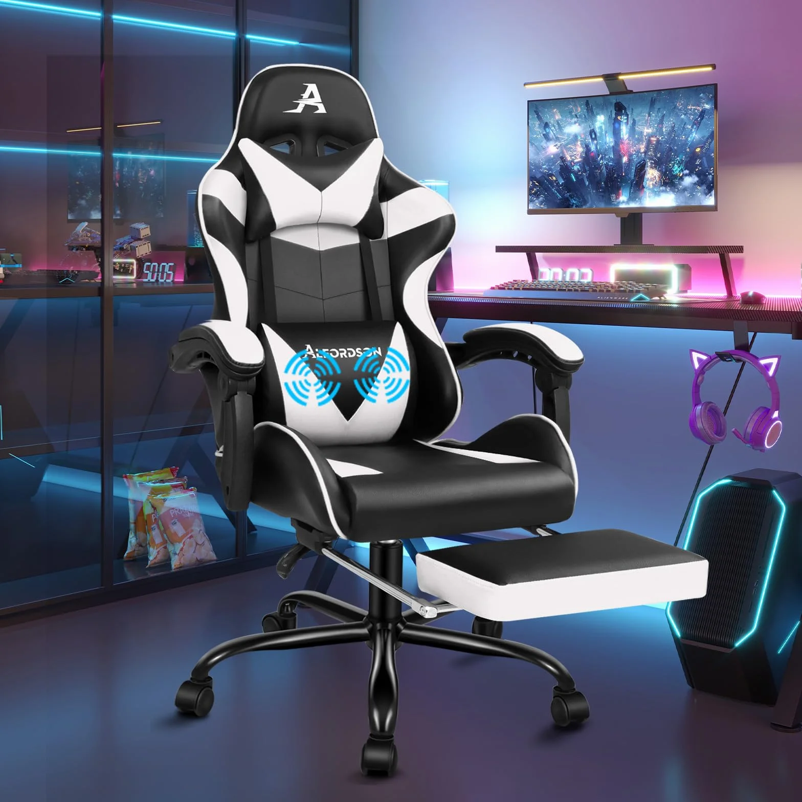 ALFORDSON Silla Gaming Escritorio con Masajeador, Silla Gamer Ergonómica Cojín Lumbar y Cervical, Reposapiés Retráctil, Ruedas Giratorias 360°, para Oficina, Videojuego, Ordenador, Cuero PU(Blanca)