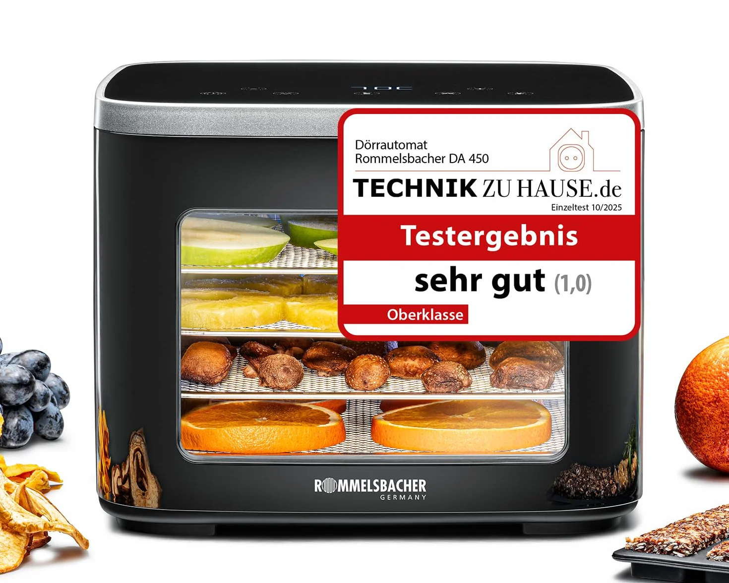 ROMMELSBACHER Deshidratador DA 450, superficie de deshidratación, 0,2 m², incluye 5 bandejas de deshidratación de acero inoxidable, 1 deshidratador, 1 deshidratador, 2 moldes para cereales, pantalla