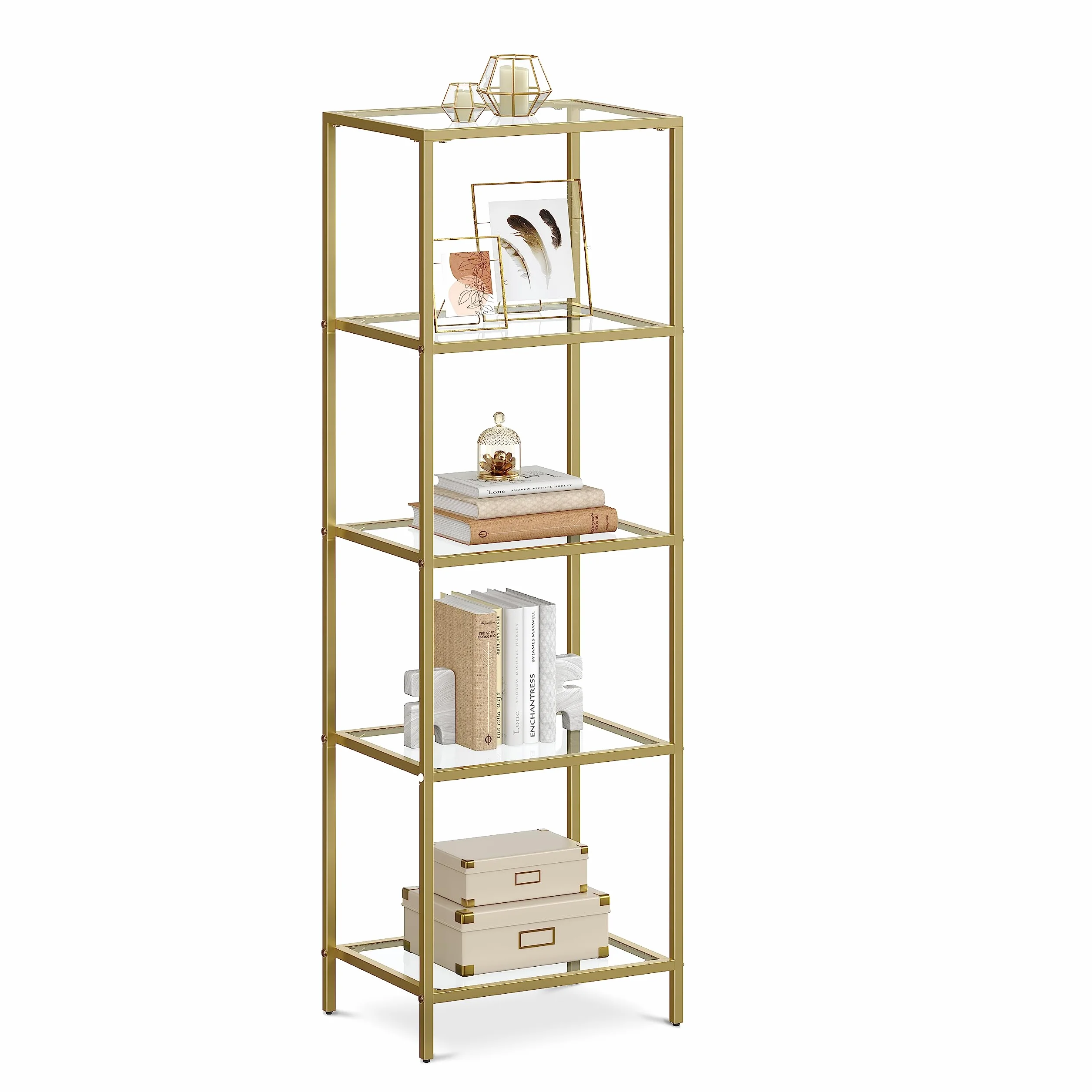 VASAGLE EstanterÍa de Cristal de 5 Niveles, LibrerÍa, Expositor, Cristal templado, FÁcil de Montar, para BaÑo, SalÓn, Dormitorio, Oficina, Dorado LGT029A01