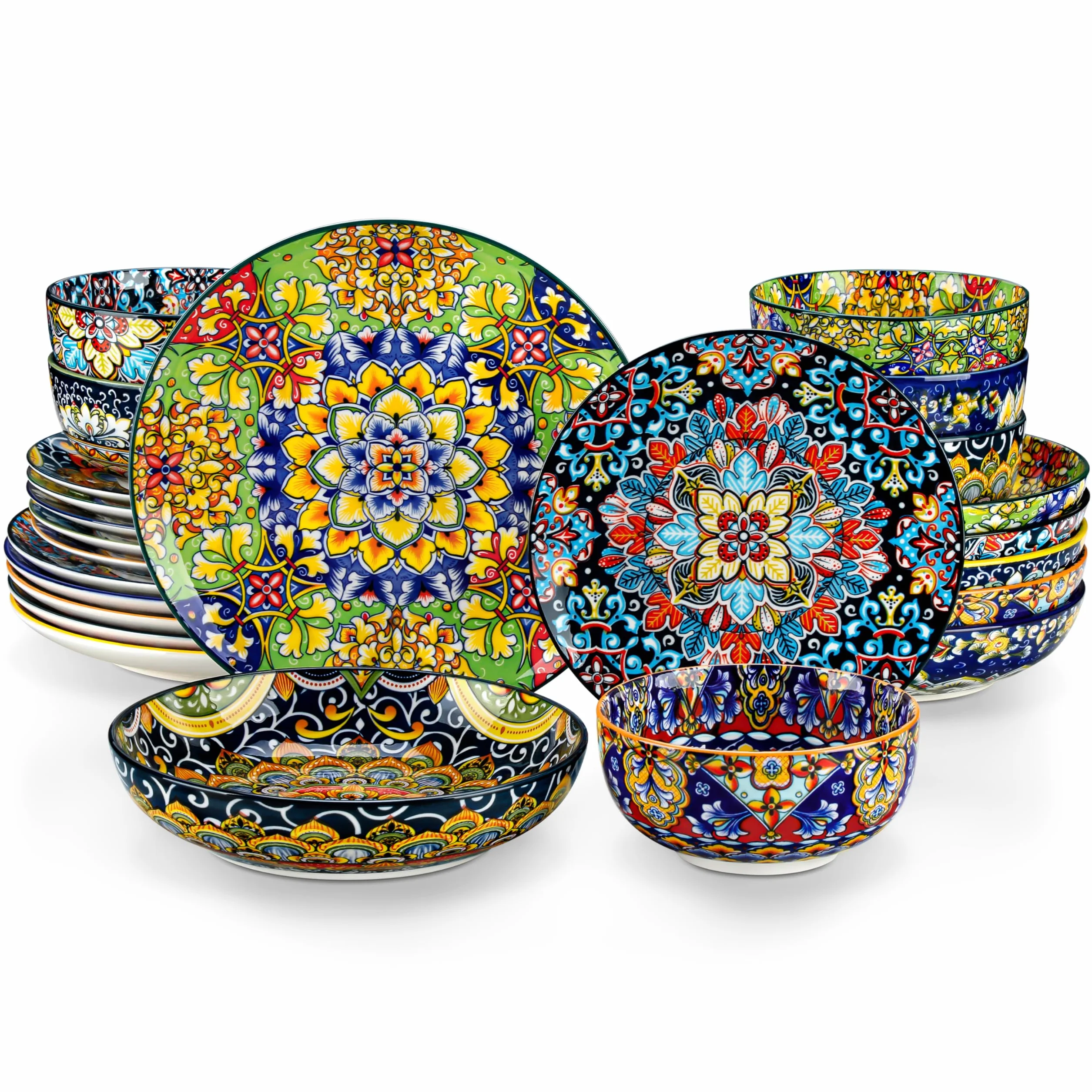 vancasso Juego de Vajilla Boho para 6 Personas, Vajillas Completas Coloridas de Porcelana de 24 Piezas – Incluye 6 Platos Llanos, 6 Platos de Postre, 6 Cuencos para Pasta y 6 Cuencos de Cereales