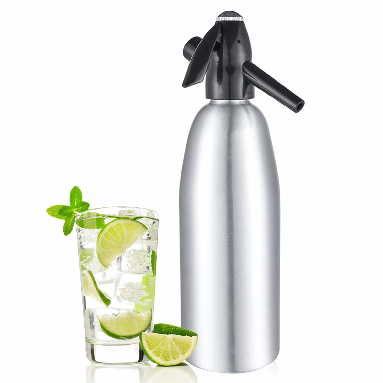 Sifón portátil de refresco de aluminio para el hogar, 1 litro, para hacer agua carbonatada, kit nostálgico de agua con gas para refrescar seltzer, cócteles, jugos y bebidas gaseosas (plata)