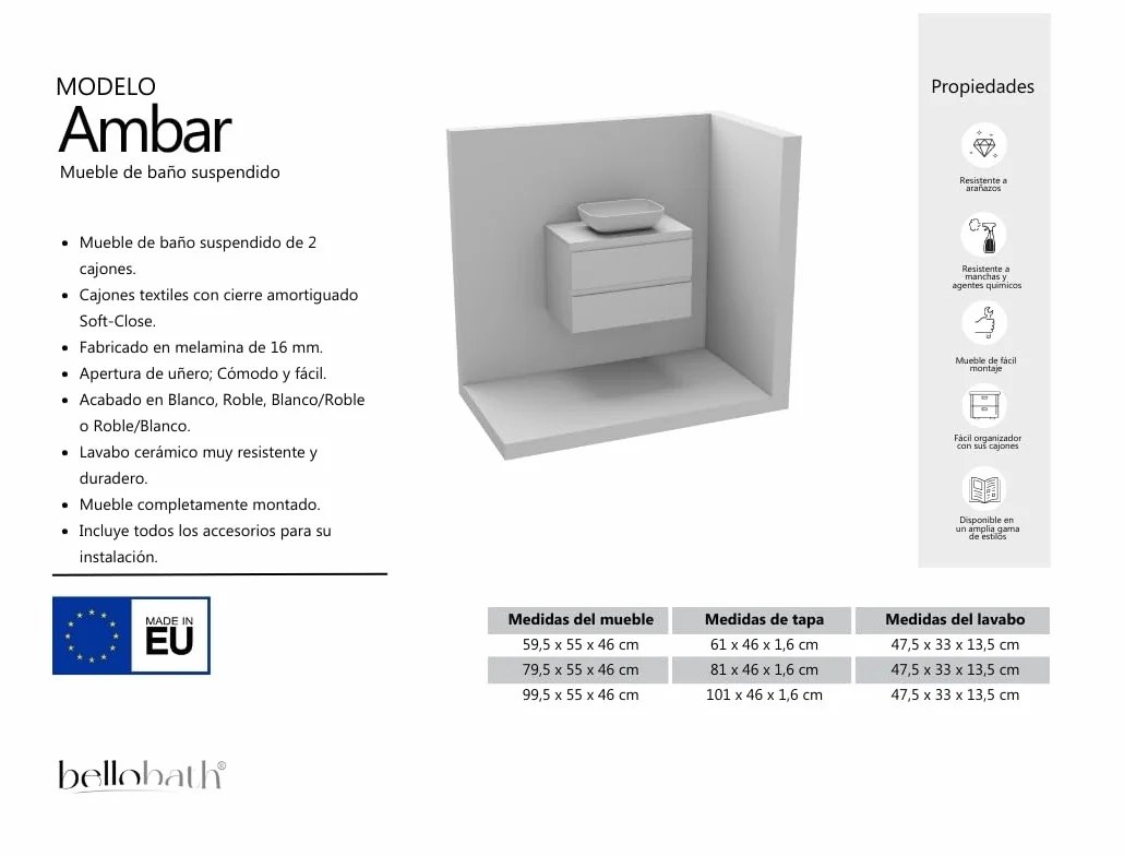 BELLOBATH - Mueble Baño Suspendido con Lavabo de Cerámica, Mueble Baño con Lavabo Montado con 2 Cajones, 60 x 55 x 46 cm, Mueble Roble y Tapa Blanca