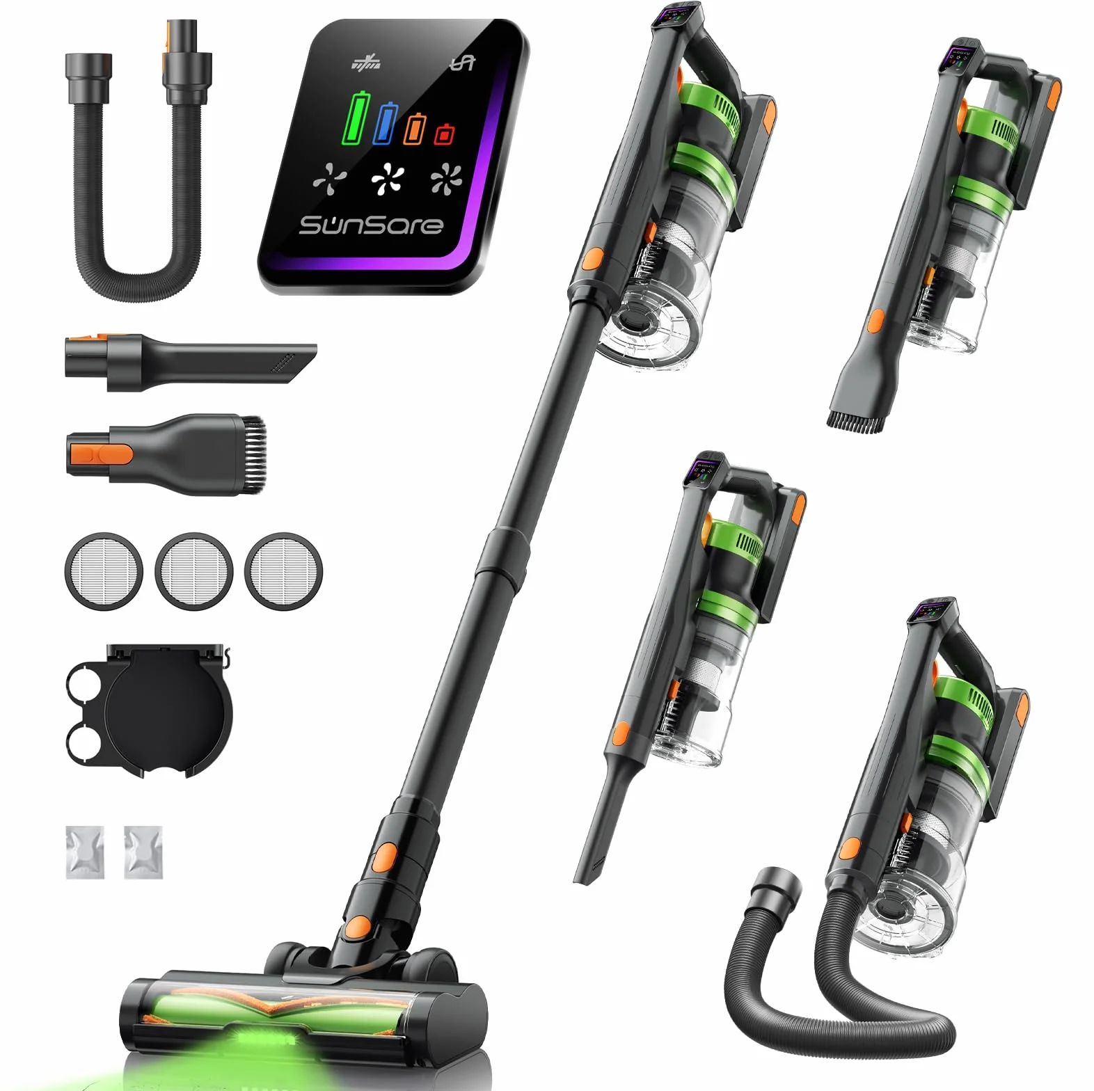 SunSare Aspiradora sin Cable 600W/50KPA/65Min (Eco), 1.8L Aspirador Sin Cable con Manguera de 1M, Aromaterapia, Luz LED Verde, Pantalla LED Inteligente, para Pelo de Mascotas, Alfombras, Pisos, Coche