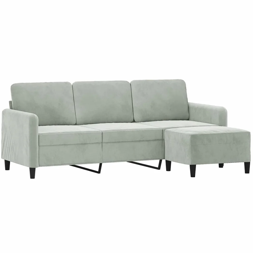 vidaXL Sofá de 3 plazas con Taburete de Terciopelo Gris Claro 180 cm