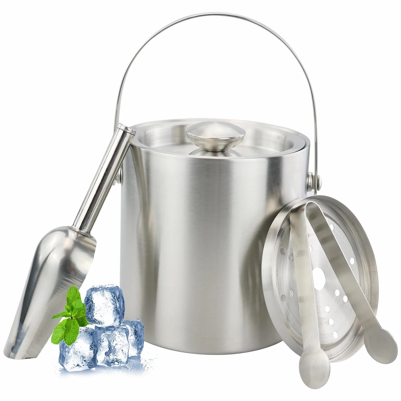 Cubiteras Acero Inoxidable, 2L Cubo de Hielo con Pinza y Tapa, Cubiteras para Hielo con Aislamiento de Doble, para Enfriador