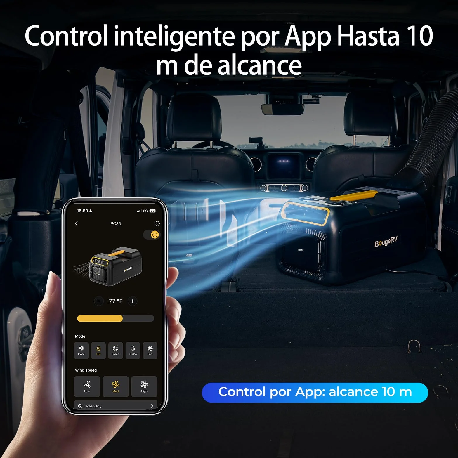BougeRV PC35 Aire Acondicionado Portátil, 3500 BTU Climatizador, 5 en 1 con App, Compacto, AC 100V-240V, Aire Acondicionado para Camping, Caravana, Tienda, Camión, Furgoneta