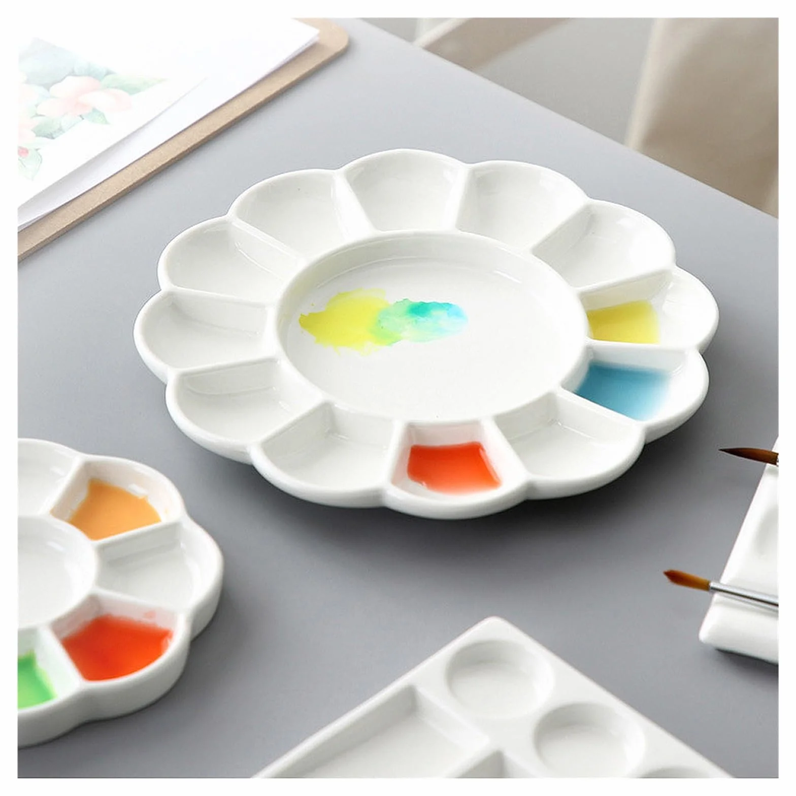 Paleta de Pintura para cerámica Paleta de cerámica Pintura Acuarela Porcelana 9/13/14 pozos, Bandeja Paleta Mezcla Plato Gouache for Suministros artística(8inch 13well)