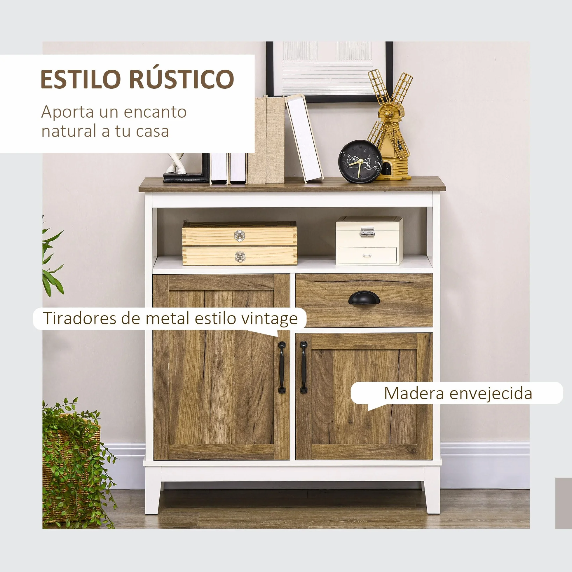 HOMCOM Aparador de Salón 2 Puertas Cajón 76,6x35x81,5 cm Blanco y Marrón | Armario Almacenaje de Madera, Estante Ajustable, para Comedor Cocina Dormitorio