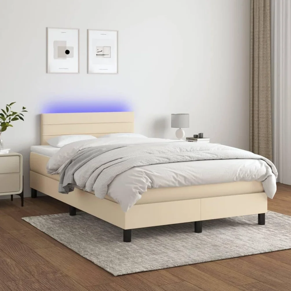 Cama Box Spring con colchón y Tiras LED de Colores en Tela Crema Dimensiones 120x200 cm Estructura Resistente cabecero Ajustable Soporte de Descanso Ideal para dormitorios jóvenes y Adultos