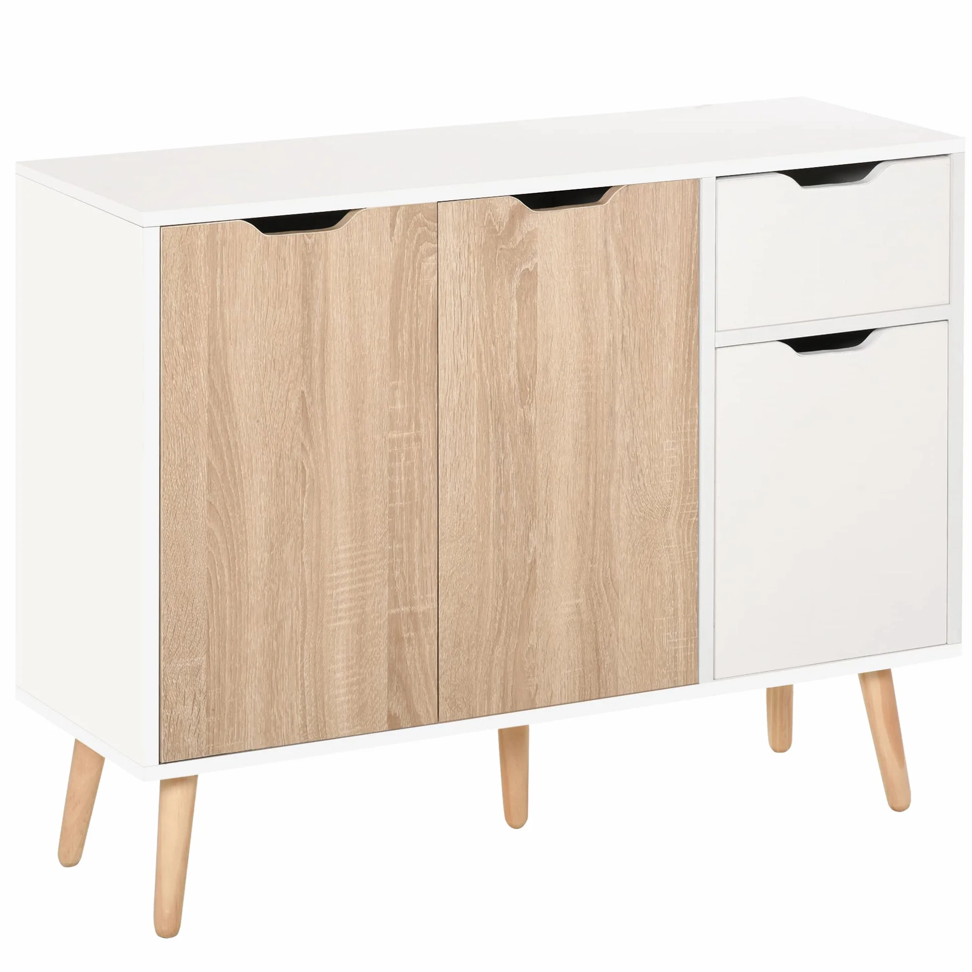 HOMCOM Aparador Moderno 90x30x72 cm Blanco y Natural con 3 Puertas y Cajón
