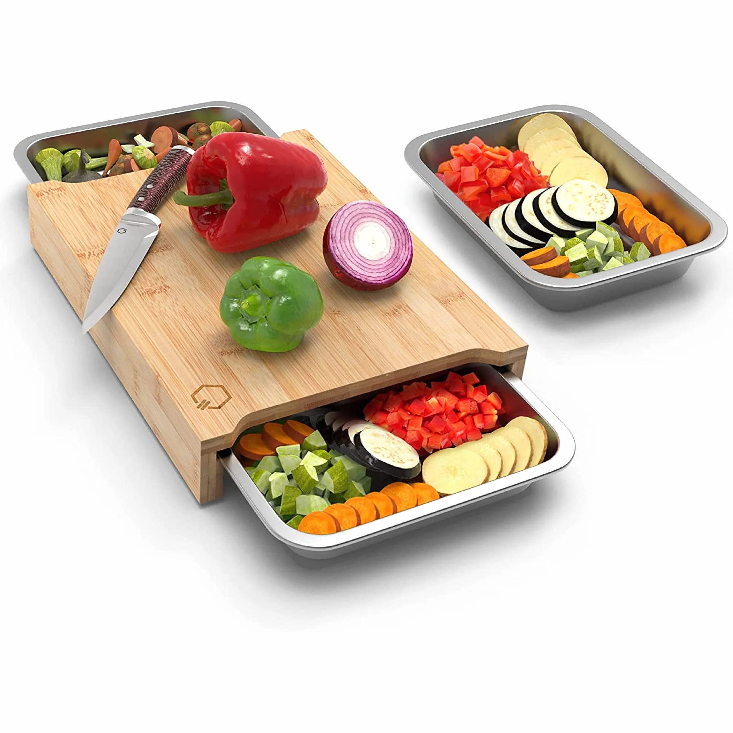 Premium Tabla de cortar con bandejas, bambú con 3 placas de cocción de acero inoxidable, apto para lavavajillas,Tabla de cortar de cocina multifuncional.