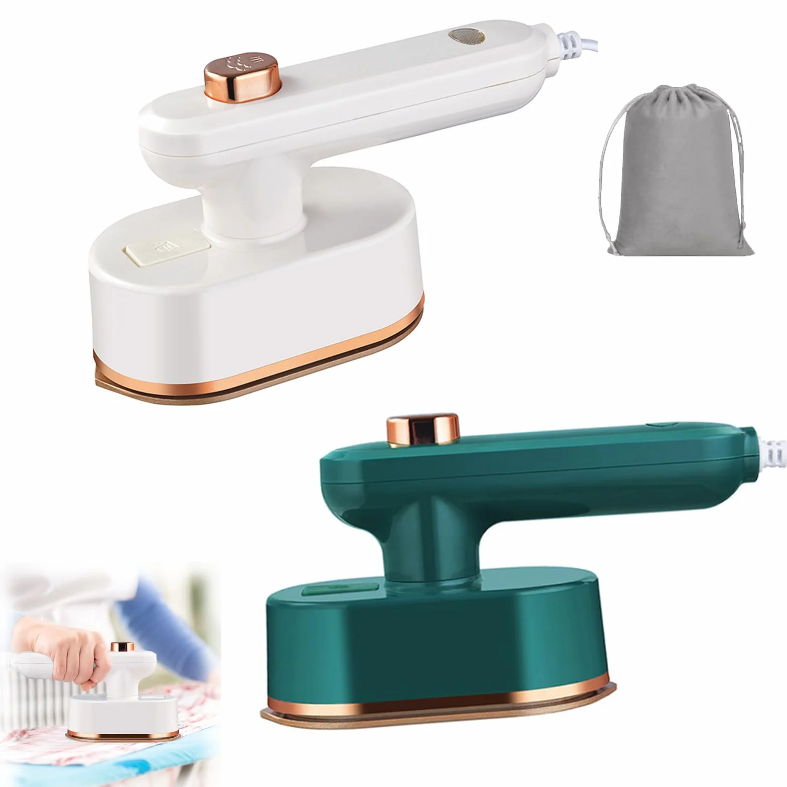 Mini Plancha de Viaje de Vapor - Plancha Vertical Portátil para Ropa con Mango Rotativo a 90° y Suela Antiadherente, Planchado en Seco y Húmedo para Vacaciones, Costura y Manualidades (White+Green,EU)