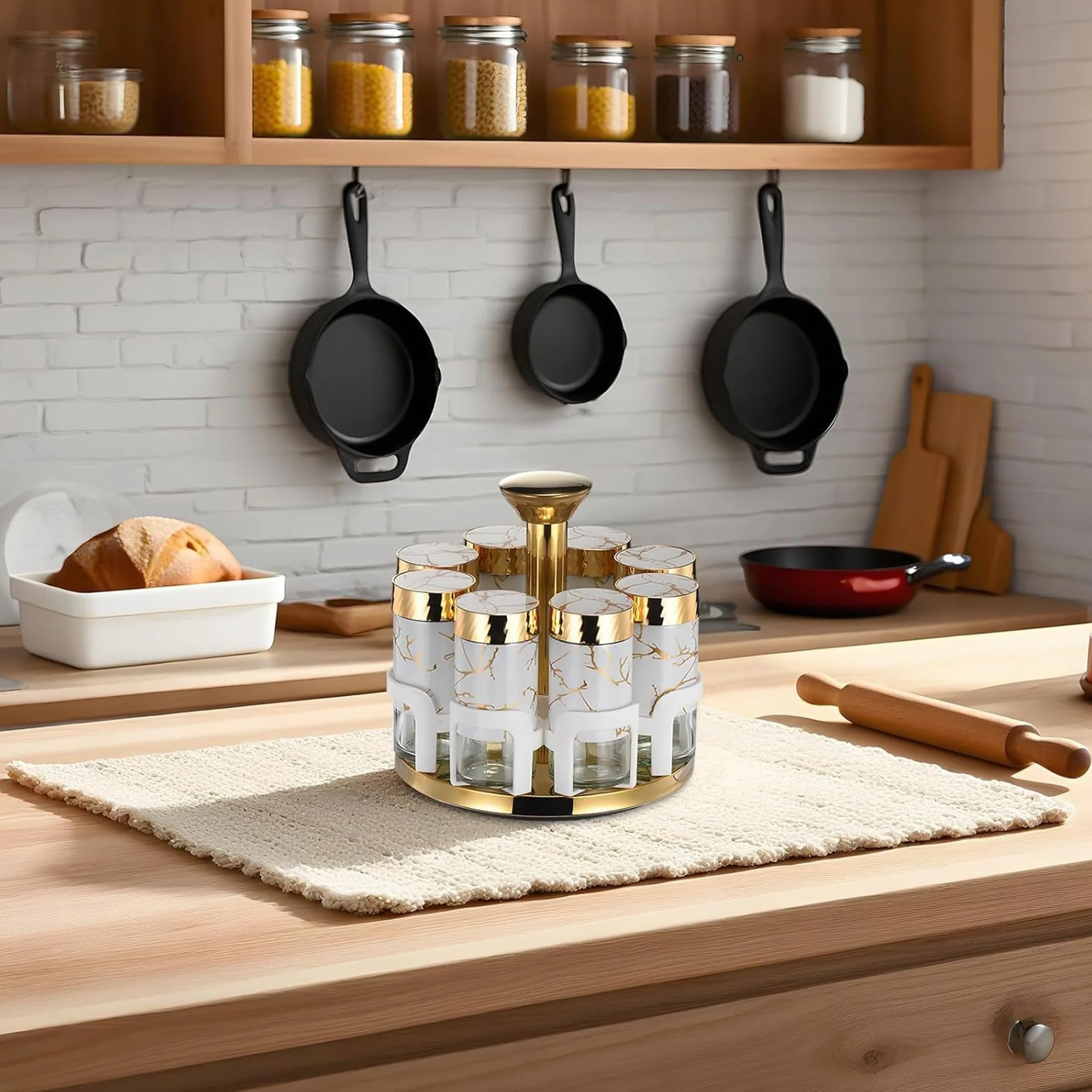 Estante giratorio para condimentos con botellas de 8 segundos, dispensador poroso para un uso fácil de cocina, torre Stora para especias, perfecto para cocinar en casa y preparar comidas