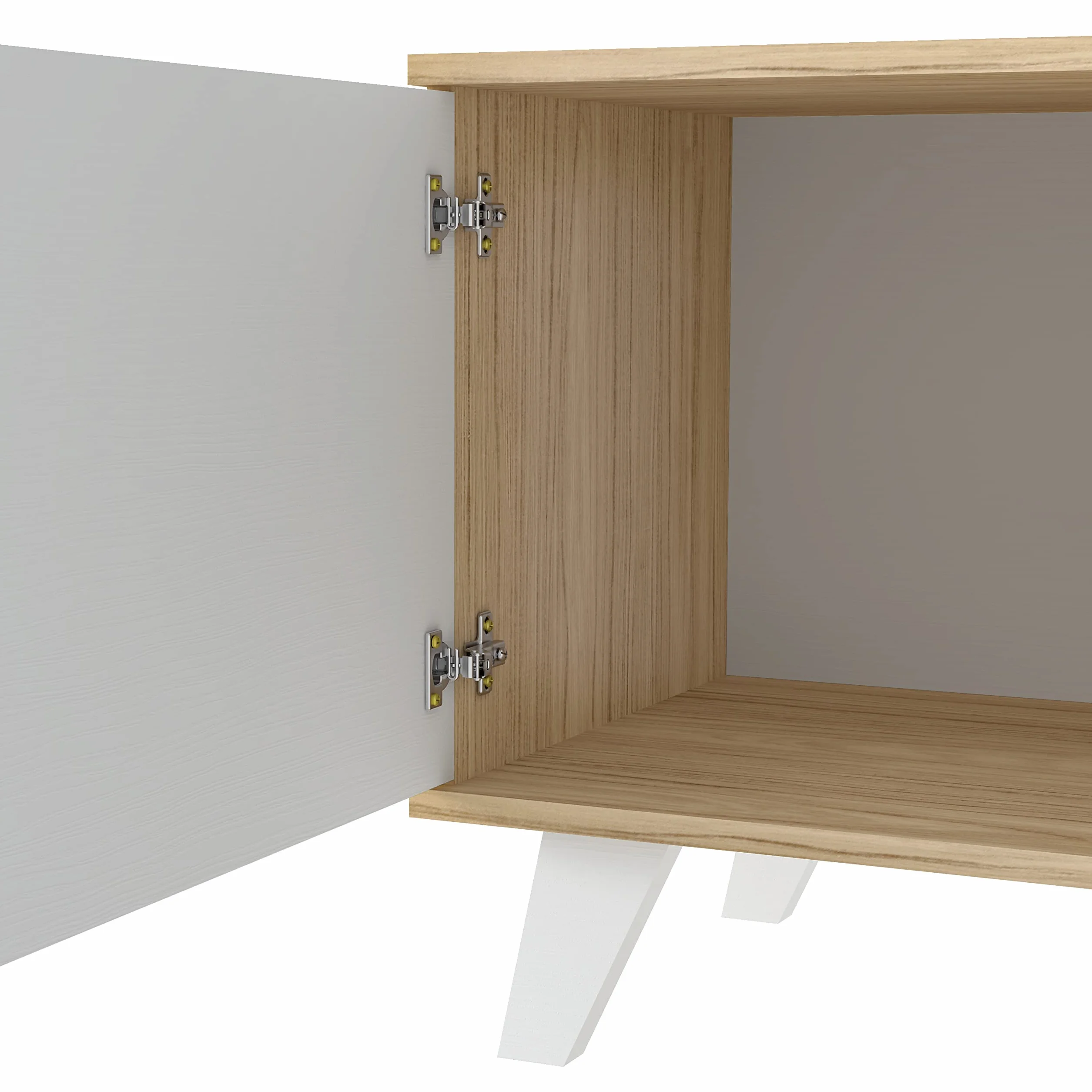MOMMA HOME Mueble TV, Mueble de Salón Moderno, Mesa de televisión 2 Puertas y Baldas centrales, Acabado en Roble y Blanco, Patas de Madera, QUIATUR, 140 cm L x 51 cm A x 40 cm F.