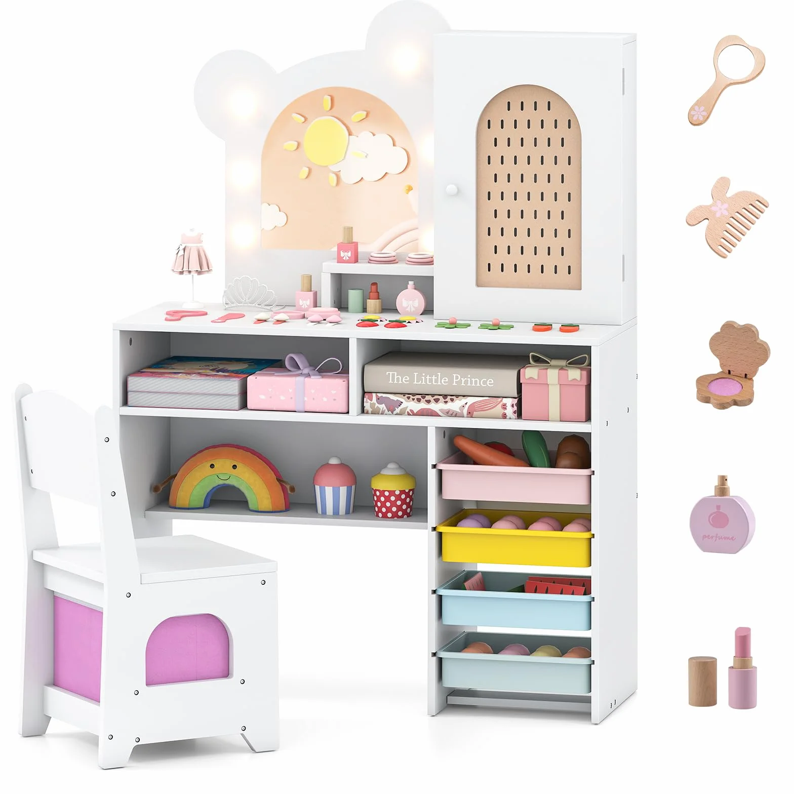 Costway Tocador de Maquillaje Niña con Espejo y Luces 3 Colores, 5 Cajones, Mesa de Maquillaje para Niñas 3+ Años