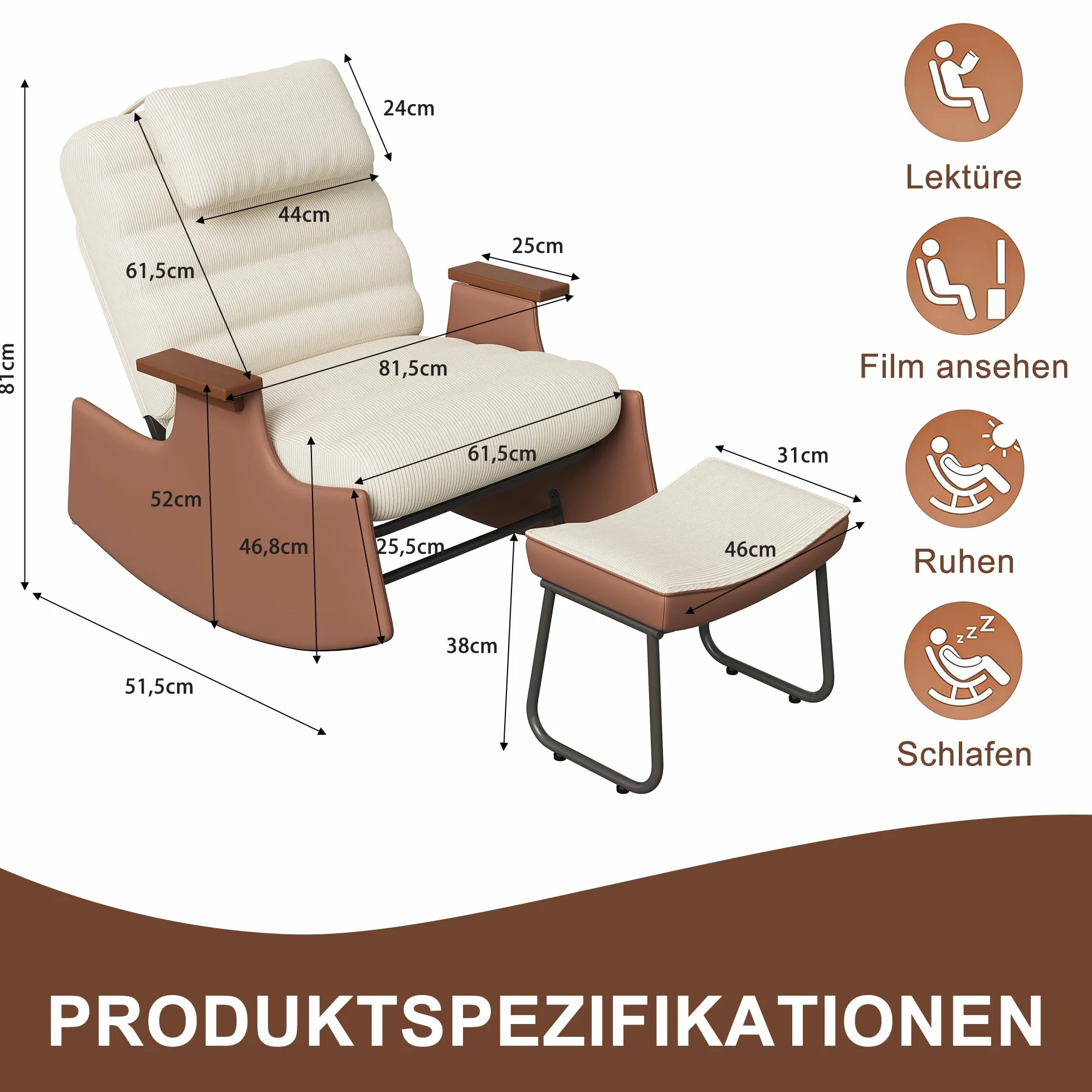 Mecedora con función reclinable y reposapiés, sillón Moderno de Relax con Respaldo Ajustable en 3 Niveles, sillón Mecedora Acolchado con reposacabezas y reposabrazos