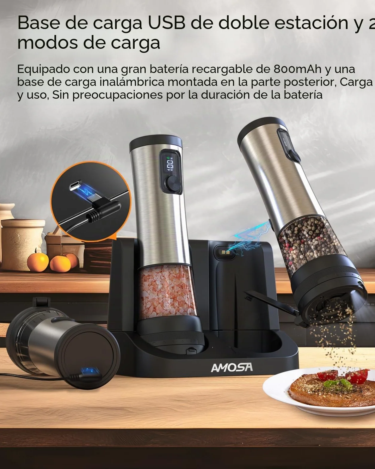 AMOSA Juego de Molinillo Pimienta Electrico de Sal, con 5 Tamaños de Grano & 2 Velocidades Ajustables, Base Recargable con Pantalla de Batería, Saleros de Cocina Automática acero Inoxidable con LED