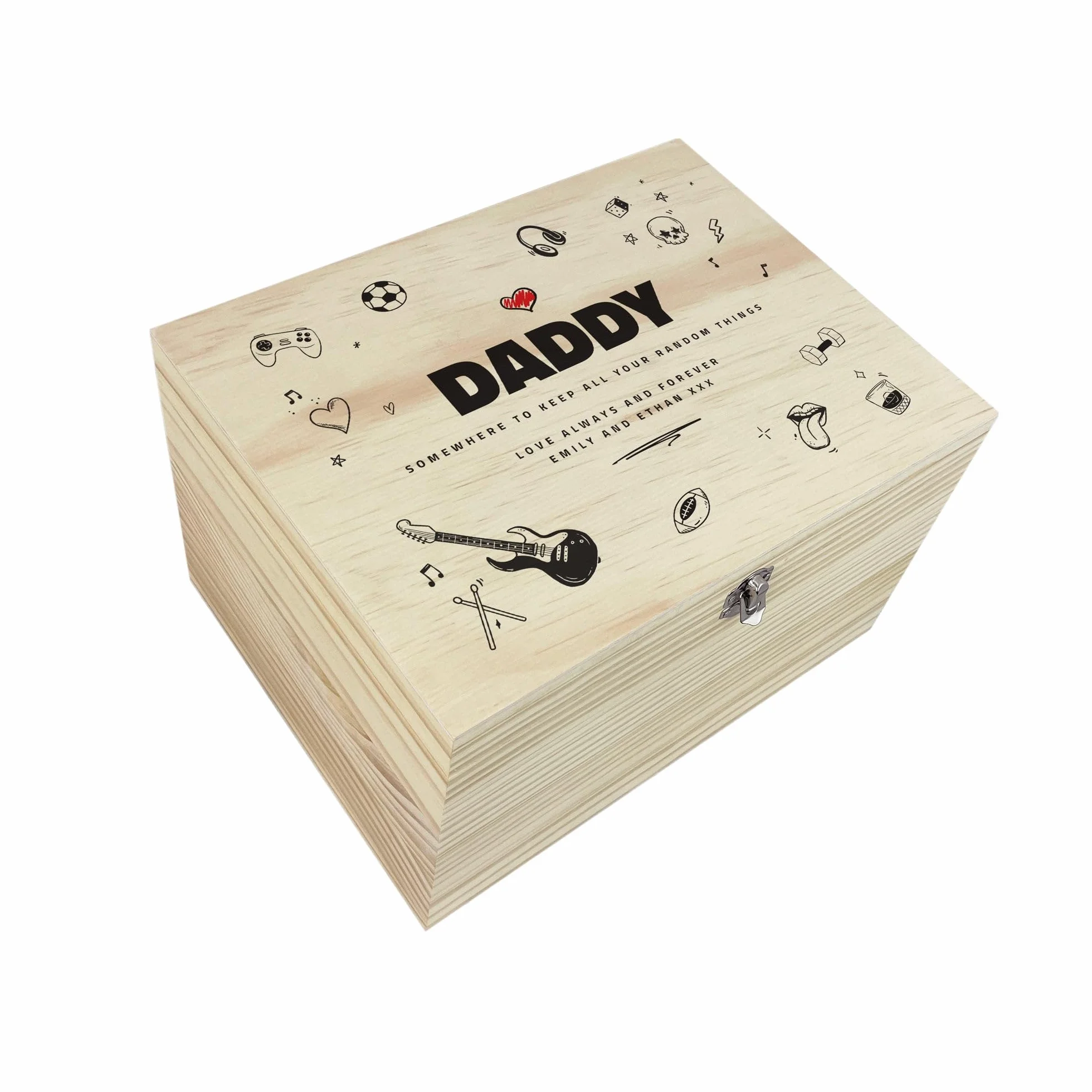 Caja de recuerdos personalizada de madera de pino con diseño de garabatos del día del padre, regalo del día del padre, caja de recuerdo de madera personalizada, añade tu propio texto, bisagras y