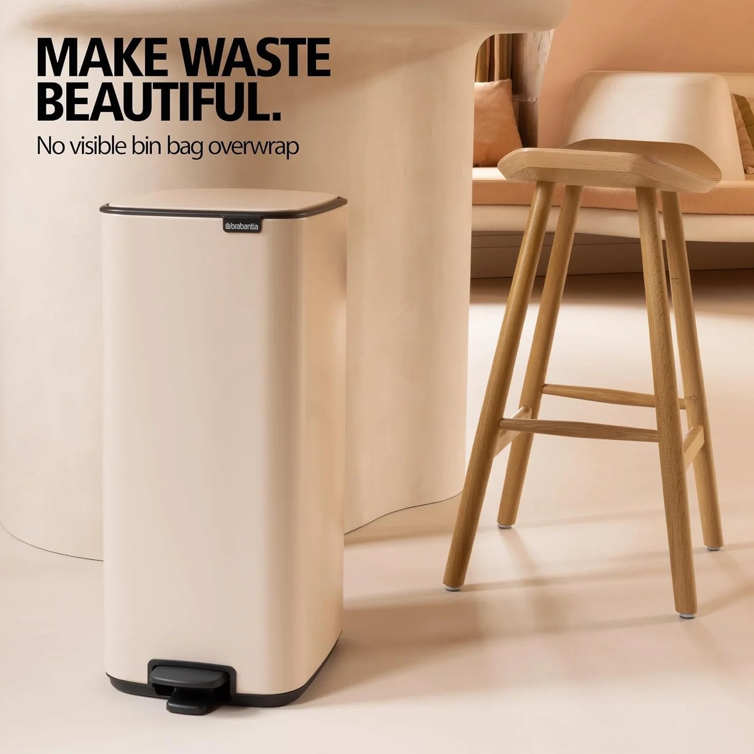 Brabantia Bo Touch Cubo de basura 30L (Plateado mate), cubo basura reciclaje rectangular y compacto, con sistema de abertura Soft-Touch, papelera cocina con cubo extraíble, incluye bolsas PerfectFit