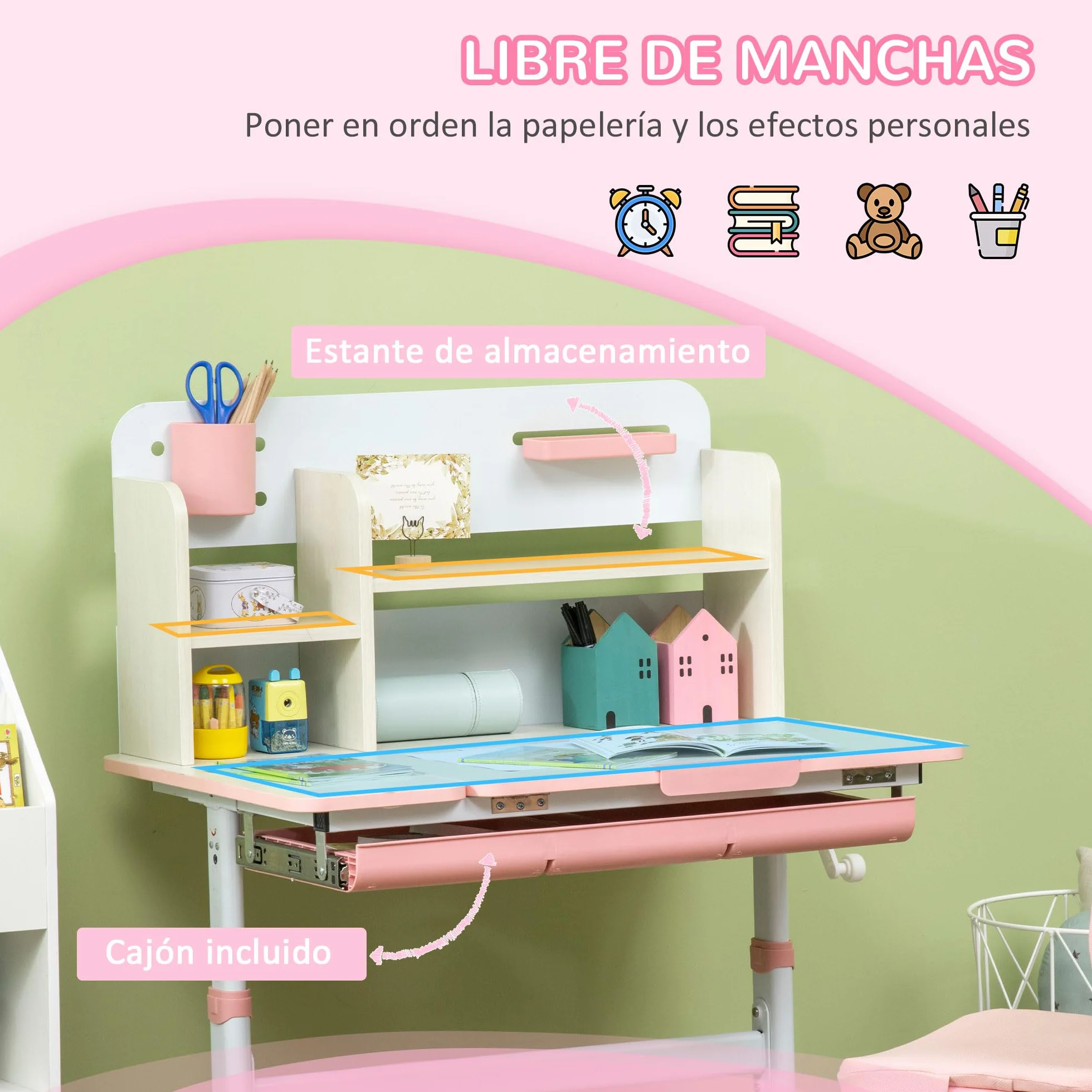 HOMCOM Pupitre Infantil Altura Ajustable con Cajón y Estante 80x52x88-109 cm Rosa y Blanco
