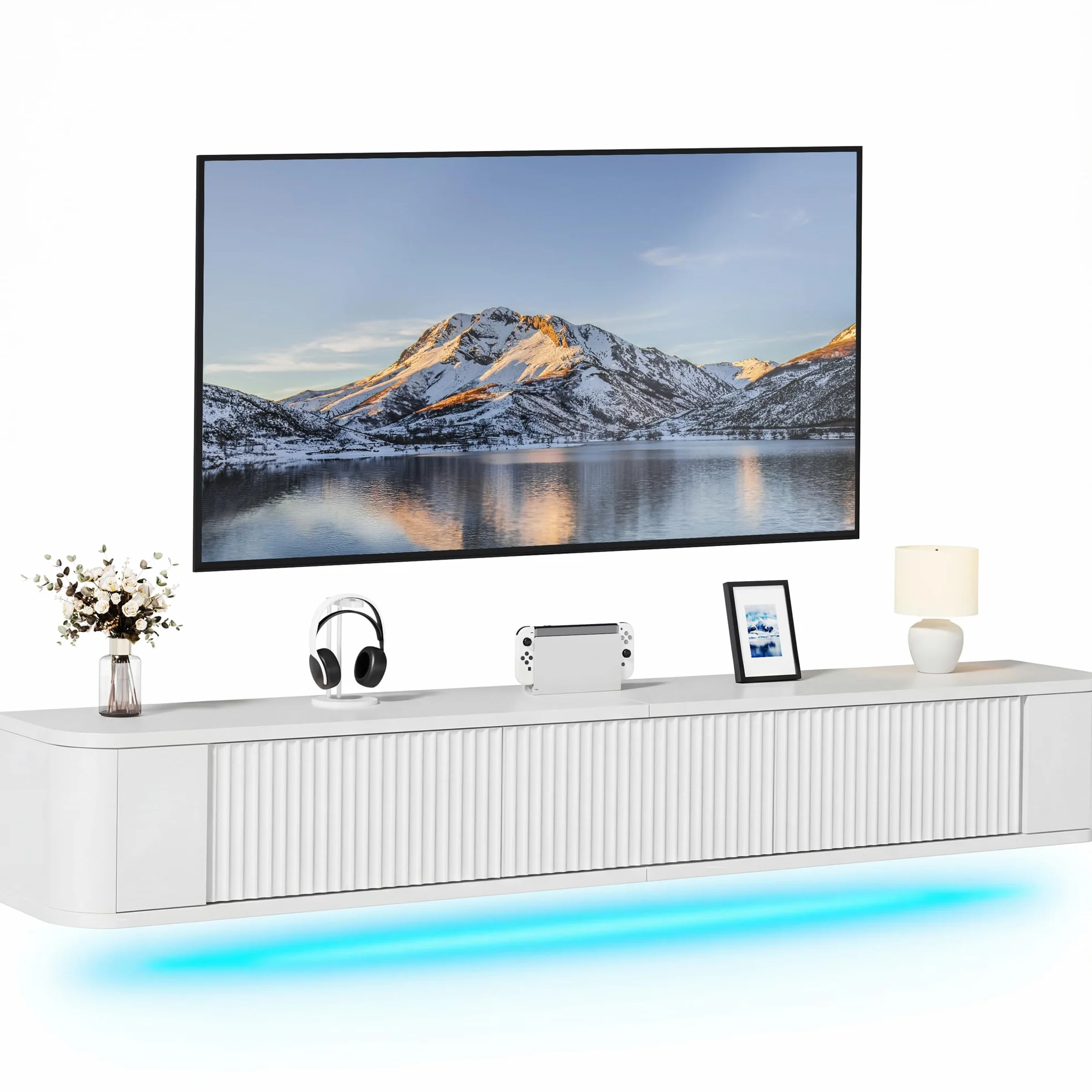 YITAHOME Soporte Flotante de TV de 180 cm, estantes de TV montados en la Pared con luz LED RGB, Consola Multimedia de TV Blanca de Alto Brillo, Armario de TV Flotante de Gran Almacenamiento para Sala