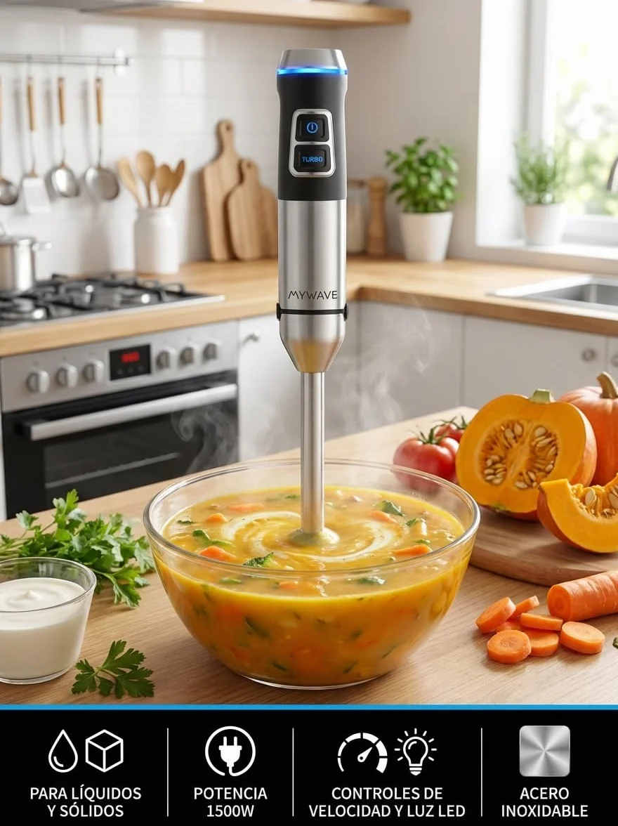 My Wave - Batidora de Mano Saona - Para Líquidos y Sólidos - Potencia de 1500W - Pie XXL de 22 cm - Control de Velocidad y Luz LED - Cuchillas de Acero Inoxidable Aptas para Lavavajillas