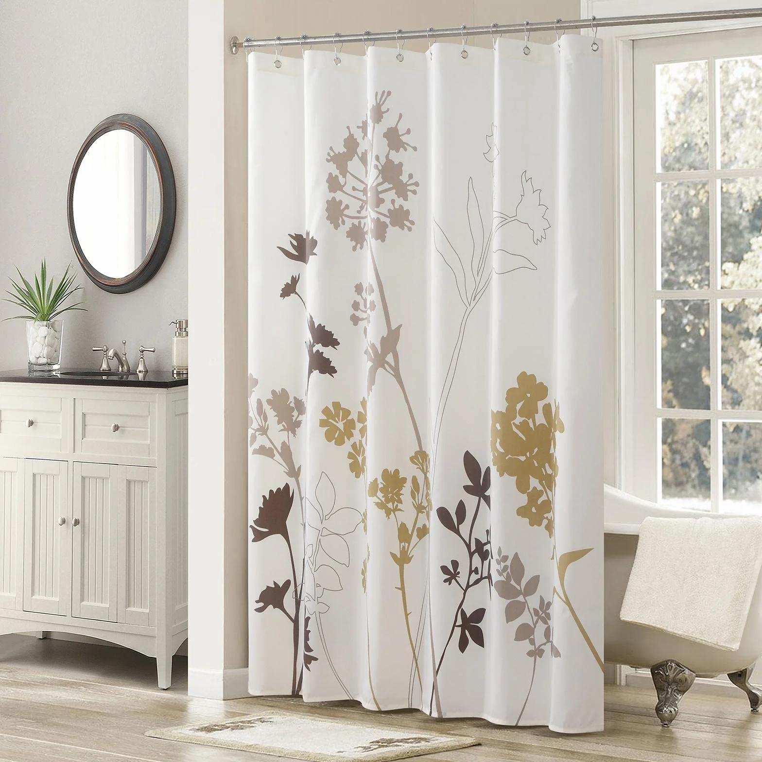 Cortina de ducha impermeable con estampado de flores marrones y hojas, tela de poliéster marfil, 92 x 182 cm, accesorios decorativos de baño, resistente al moho, fácil cuidado