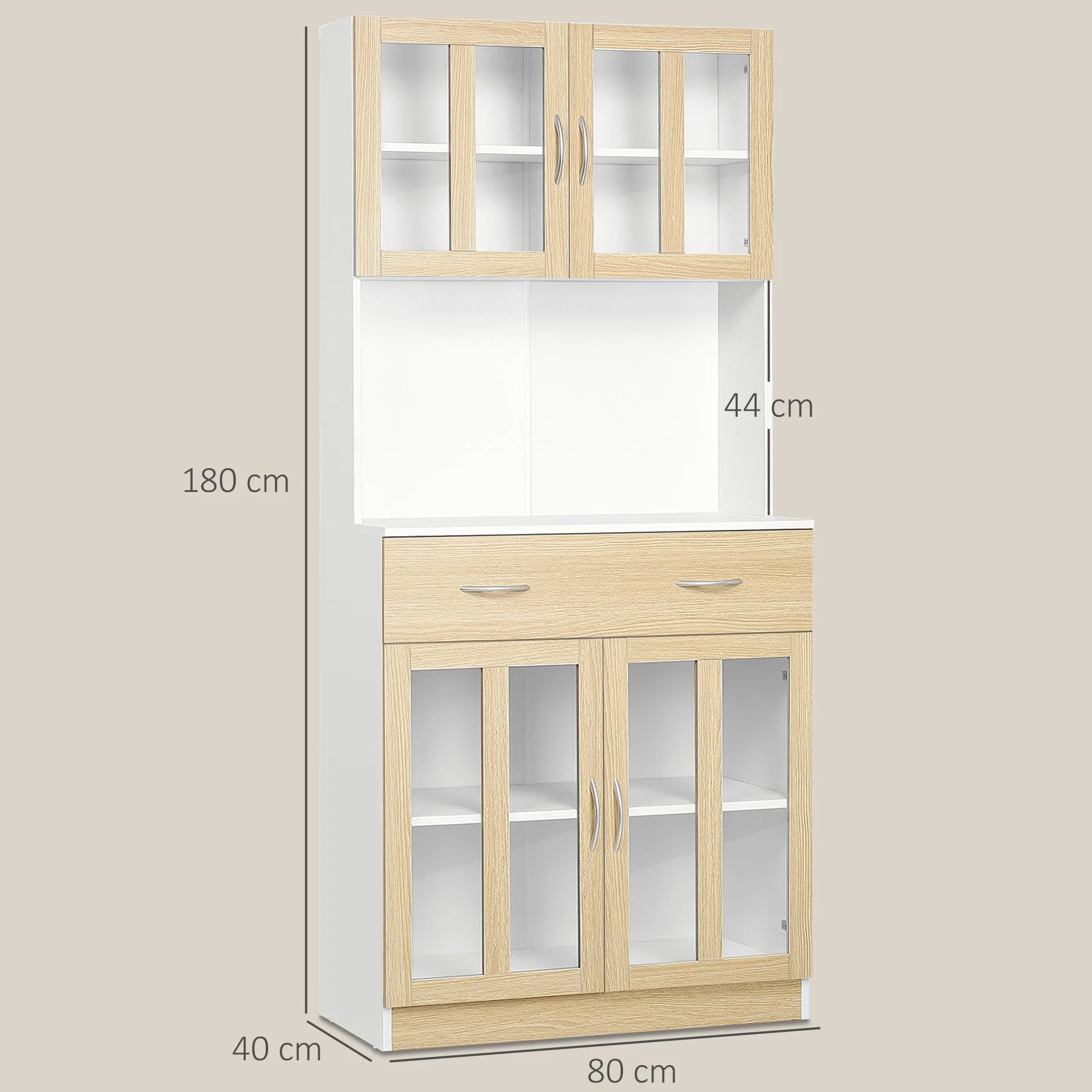 HOMCOM Alacena de Cocina Alta, Mueble Auxiliar de Cocina, con 4 Puertas de Vidrio, Encimera Abierta para Microondas, Cajón, Estantes Ajustables, 80x40x180 cm, Blanco y Natural