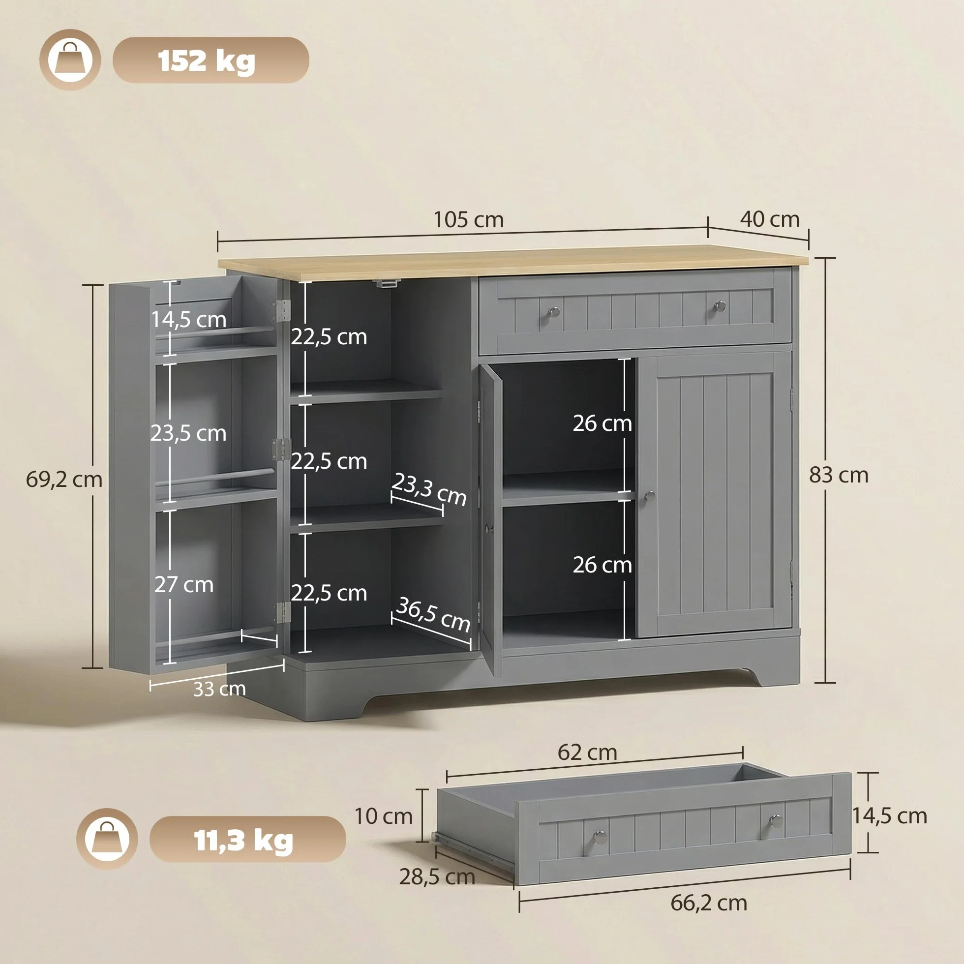 HOMCOM Aparador de Cocina, Armario de Cocina con 3 Estantes de Puerta, 1 Cajón, Estantes Ajustables, Aparador para Comedor, 105x40x83 cm, Gris