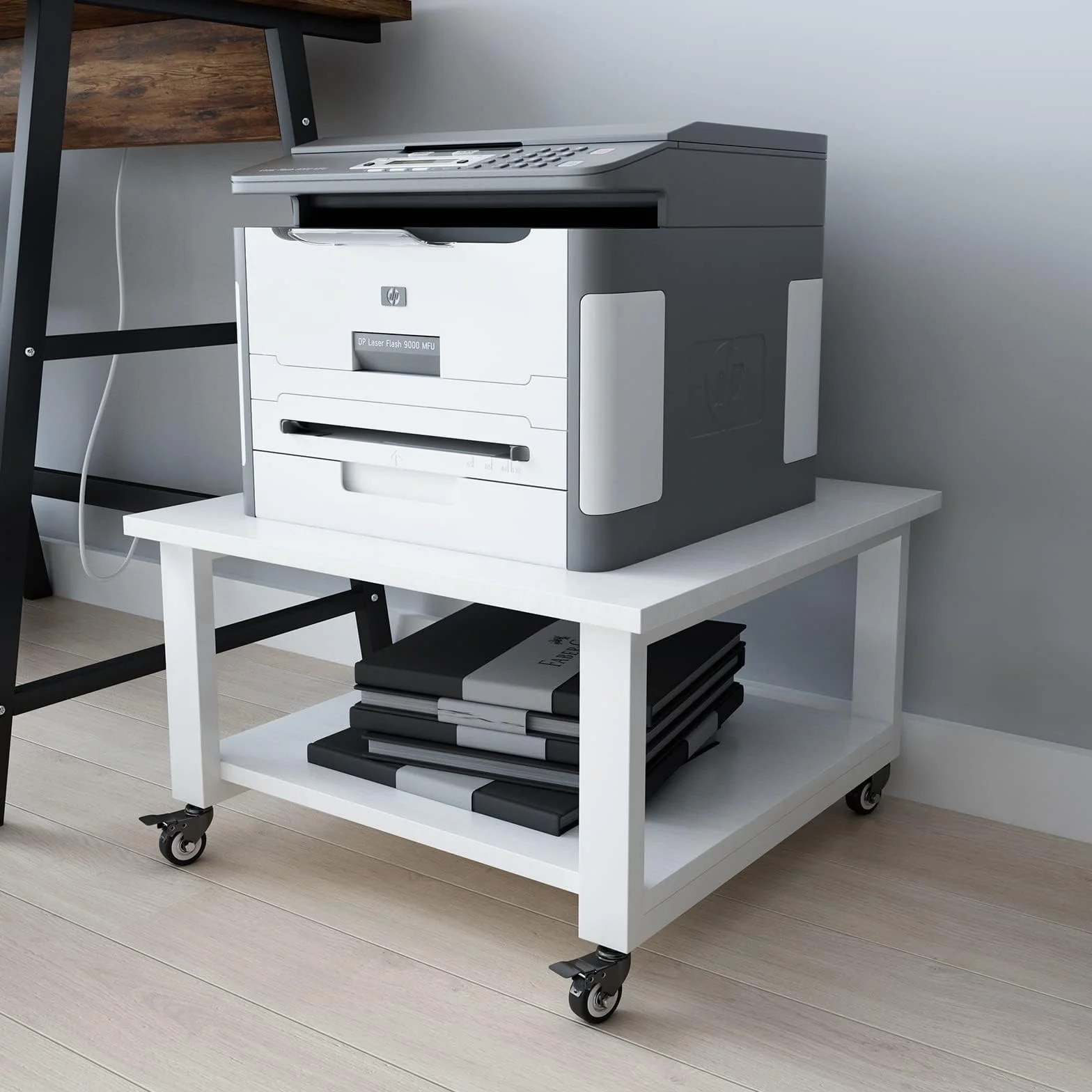 Mesa para Impresora de 2 Niveles con Ruedas 50x50x30 cm Soporte para Impresora Móvil de Madera y Metal Blanco