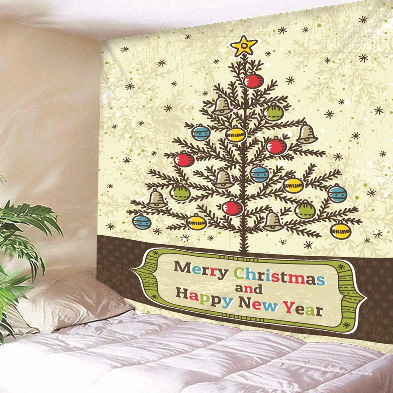 Tapiz Liso Pared, Decoracion Navidad Ventana Árbol de Navidad, Y, Campana, Copo de Nieve Beige Marrón Verde Poliéster Tapiz Pared Decoration 350X256cm