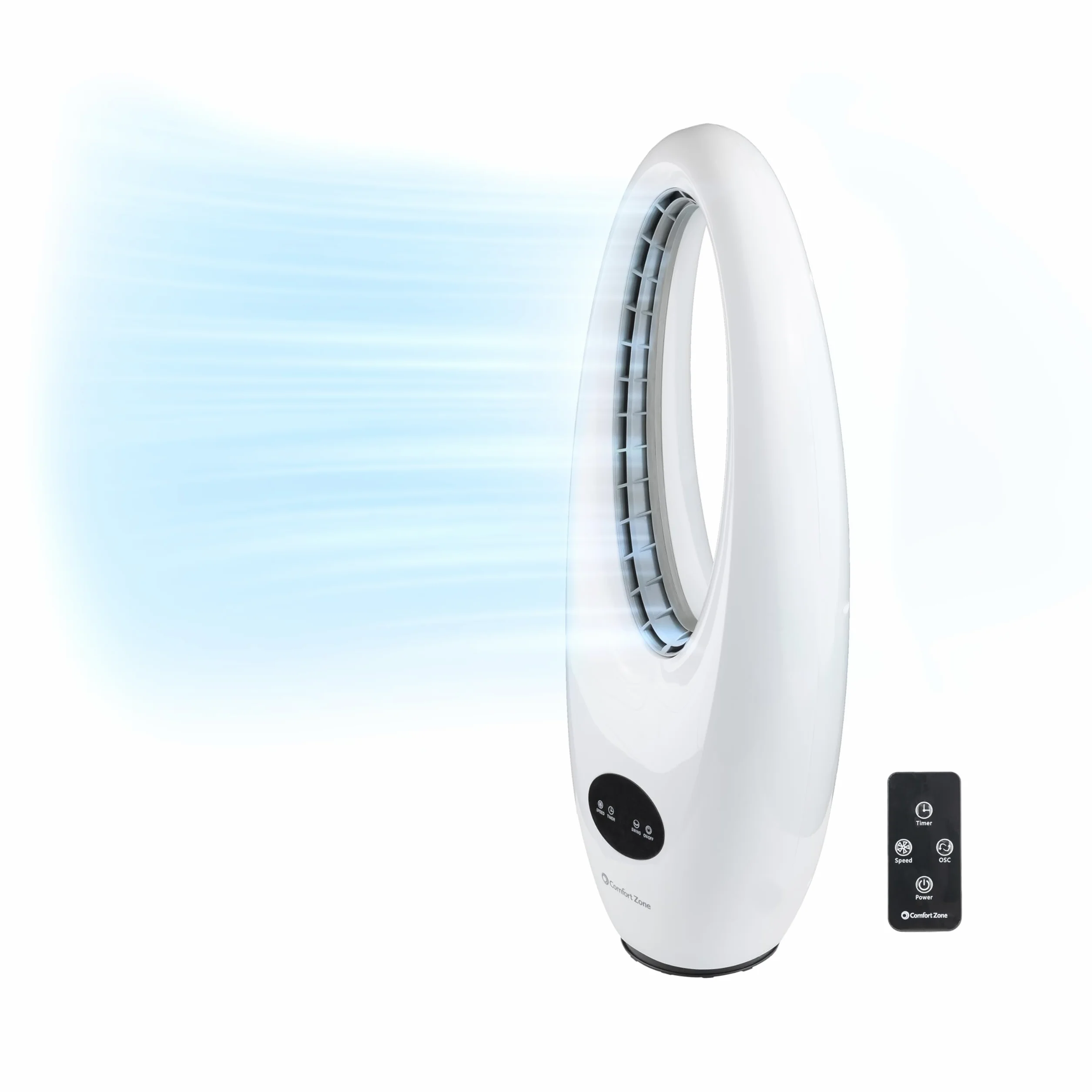 Comfort Zone Ventilador de torre oscilante sin aspas con control remoto, 28 pulgadas, 3 velocidades, oscilación de 70 grados, portátil, temporizador de 9 horas, visualización LED, ideal para el hogar,