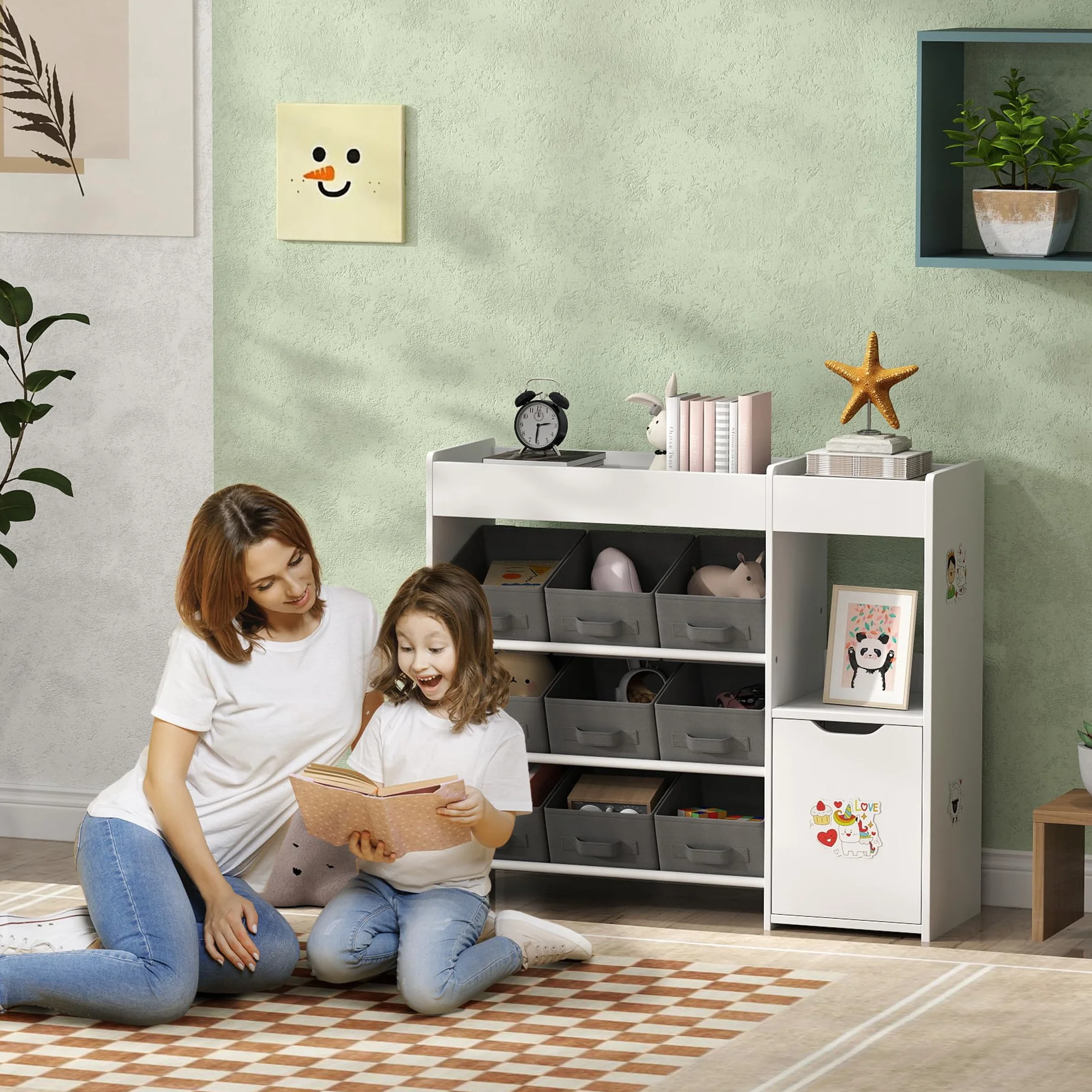 AIYAPLAY Estantería para Juguetes para Niños Organizador Infantil Montessori con 9 Cestas Extraíbles Compartimentos y Láminas de Pegatinas para Guardería Sala de Juegos 92x30x80 cm Blanco