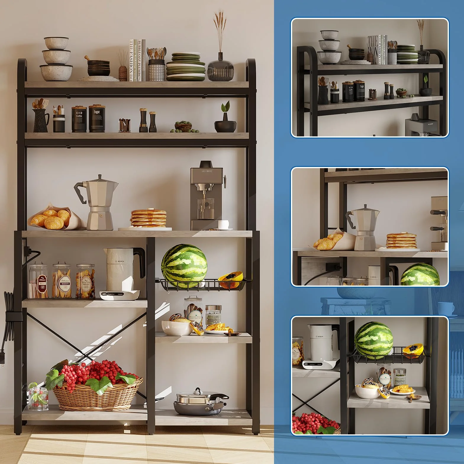 Zstar Soporte para Microondas, Estante De Cocina con Canasta De Alambre, Estante De Almacenamiento Independiente Grande De 6 Niveles para Cocina, Comedor y Sala De Estar