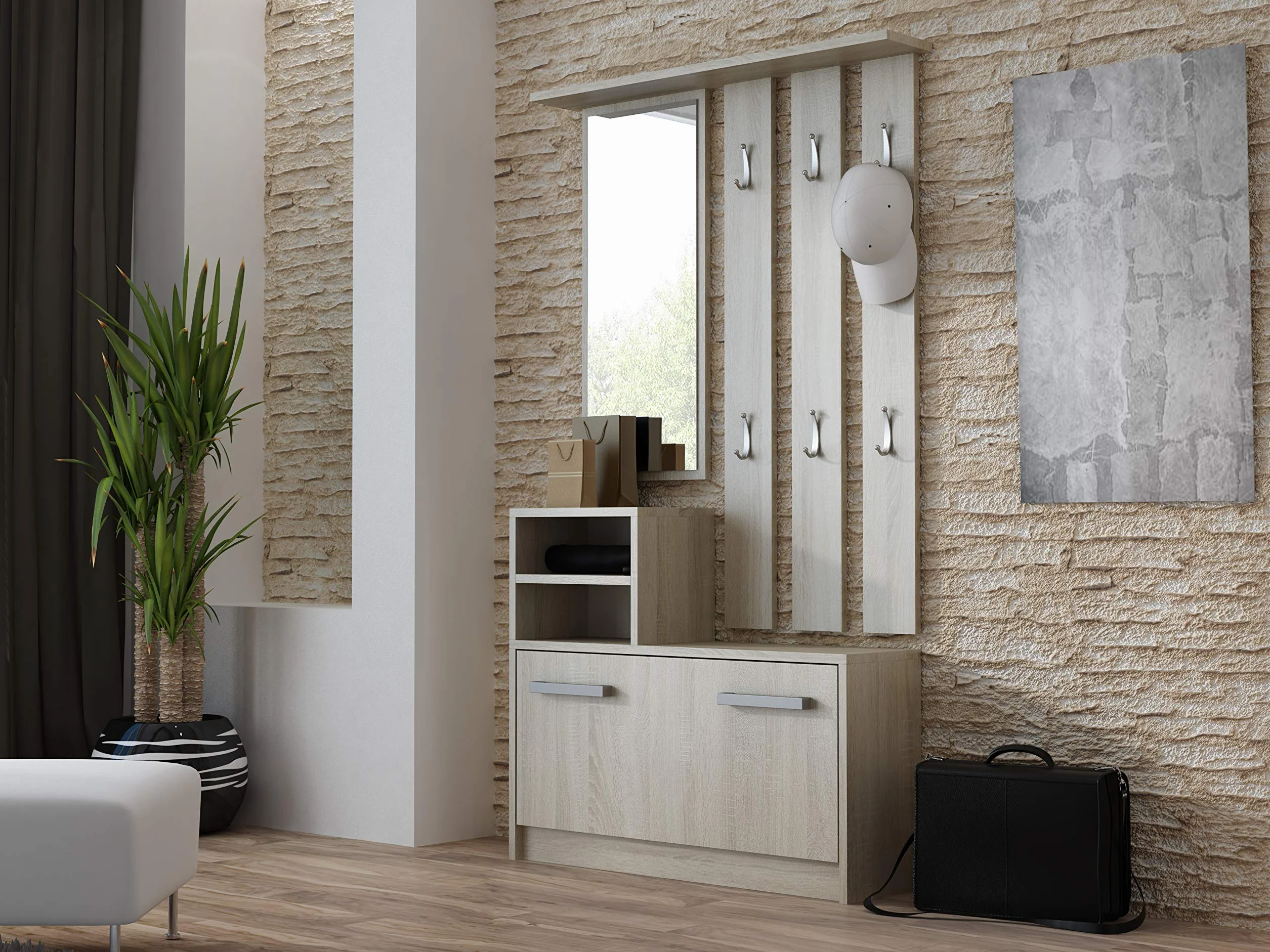 Oggi Armario de Entrada con Espejo 85x160x24 cm Perchas Zapatero Armario de Tablero Laminado de 16 mm Diseño Moderno Minimalista Moderno Roble Sonoma