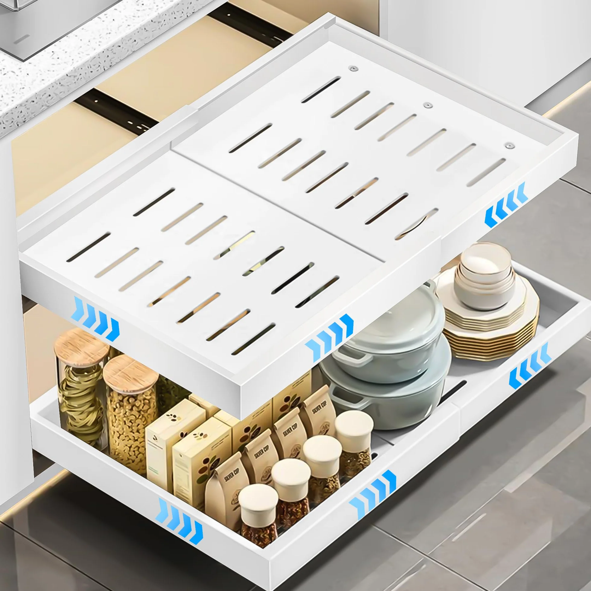 4 Pieza Cajón Telescópico para Pegar, (32-52 cm ancho × 53 cm prof. × 7,5 cm alto) Extraíble para Cocina, Organizador de Cajones de Cocina, sin Necesidad de Taladrar ni Clavar, Blanco